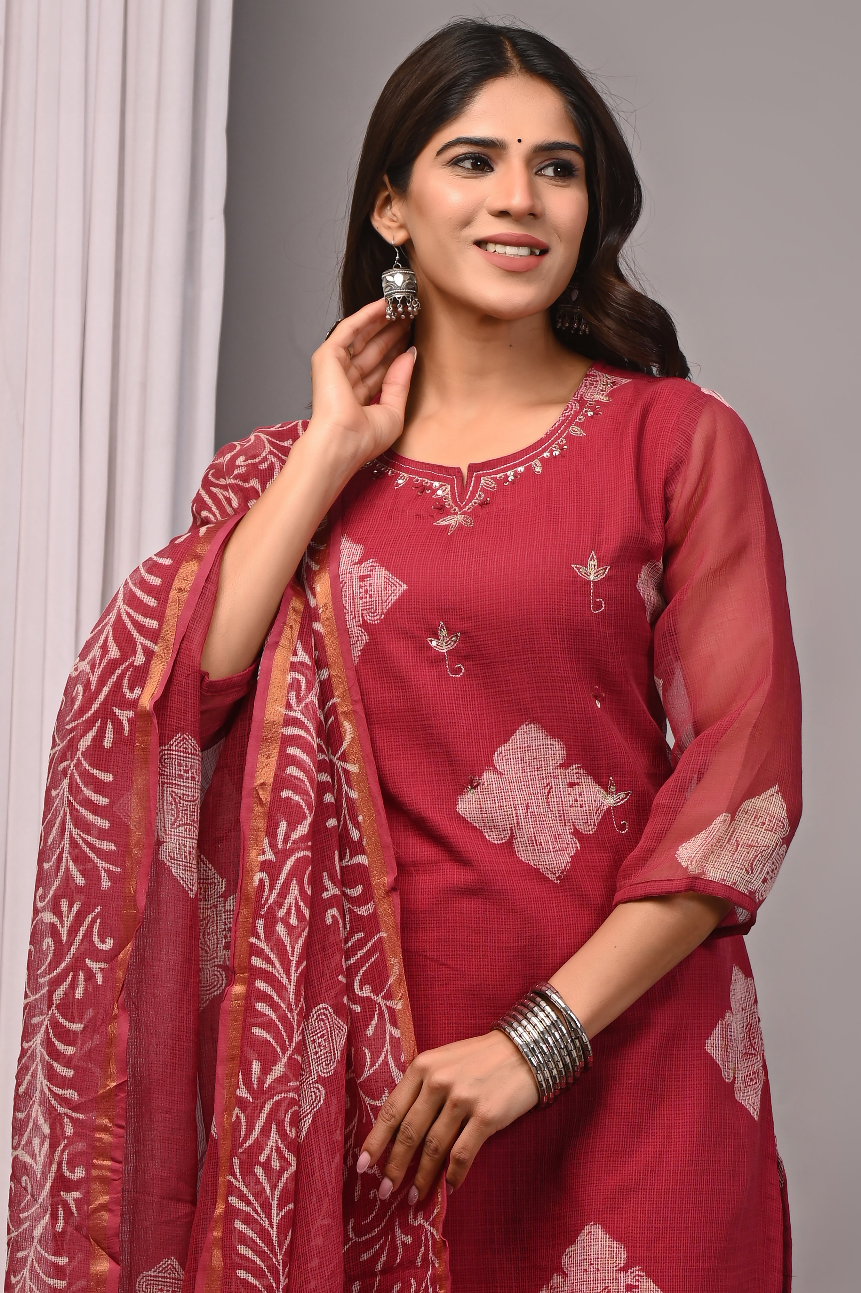 Maroon Handblock Kota Doria 3-Piece Set with French Embroidery