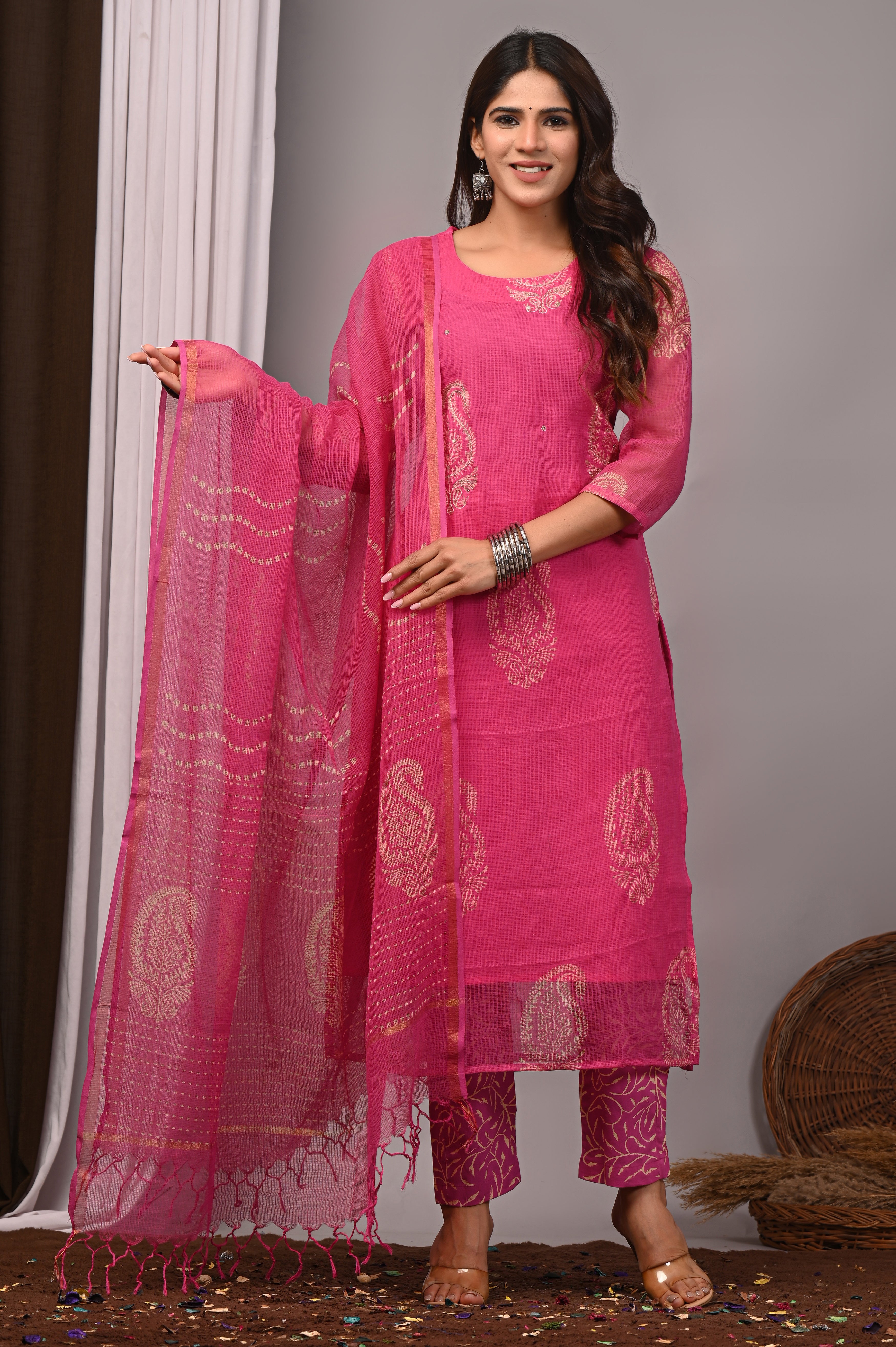 Magenta Paisley Handblock Kota Doria Set with Aari & Sequin Work