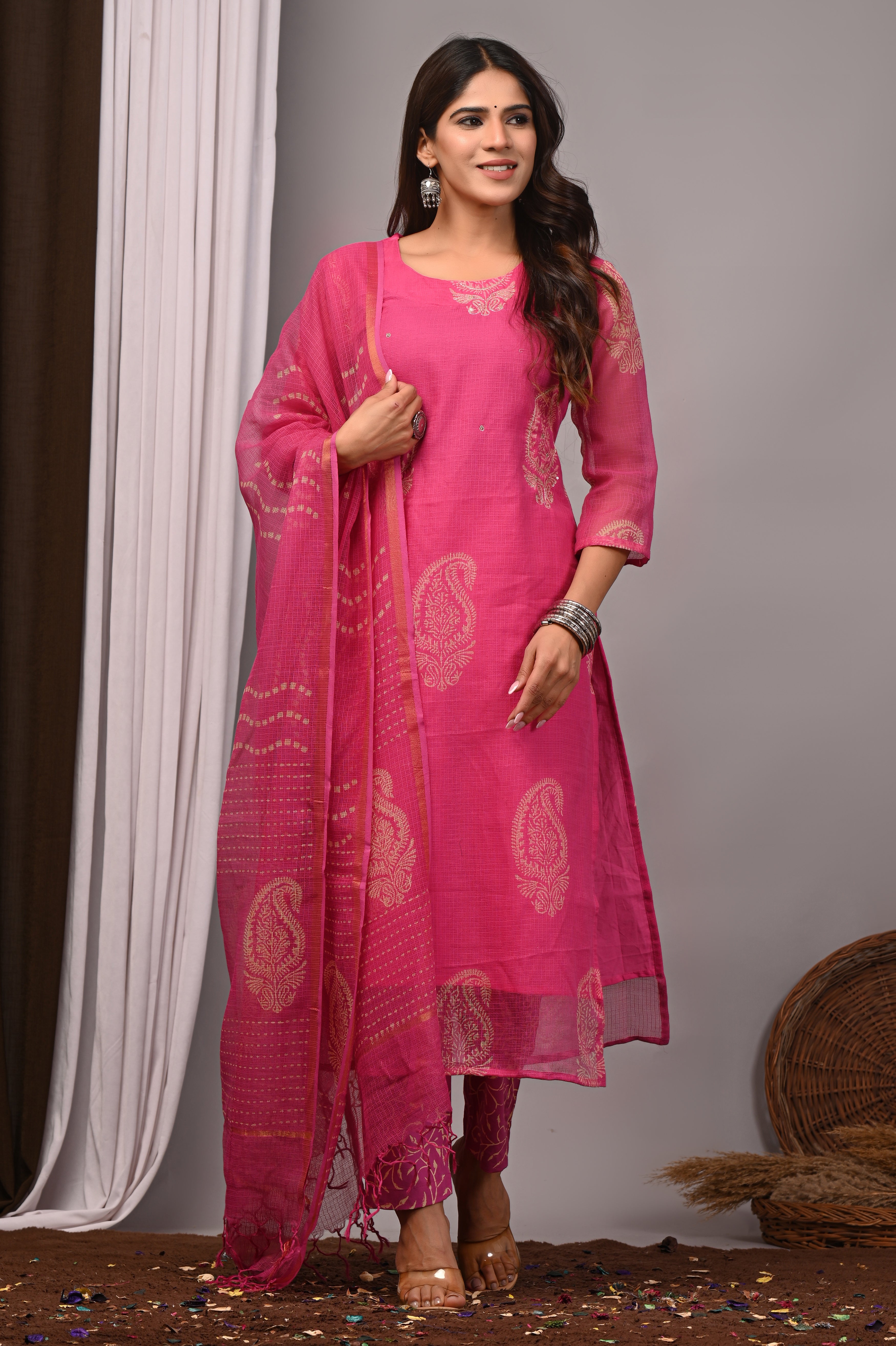 Magenta Paisley Handblock Kota Doria Set with Aari & Sequin Work