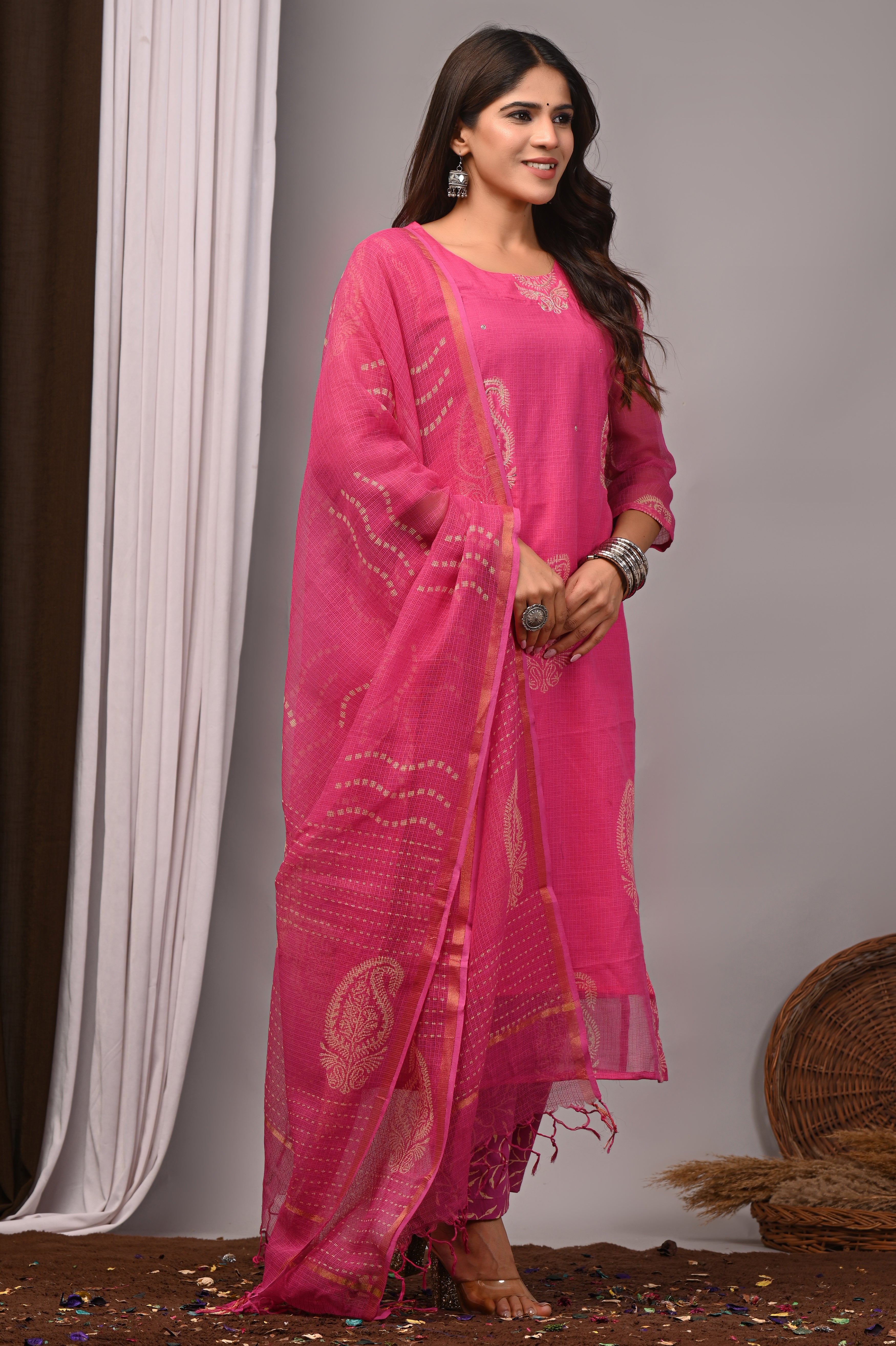 Magenta Paisley Handblock Kota Doria Set with Aari & Sequin Work