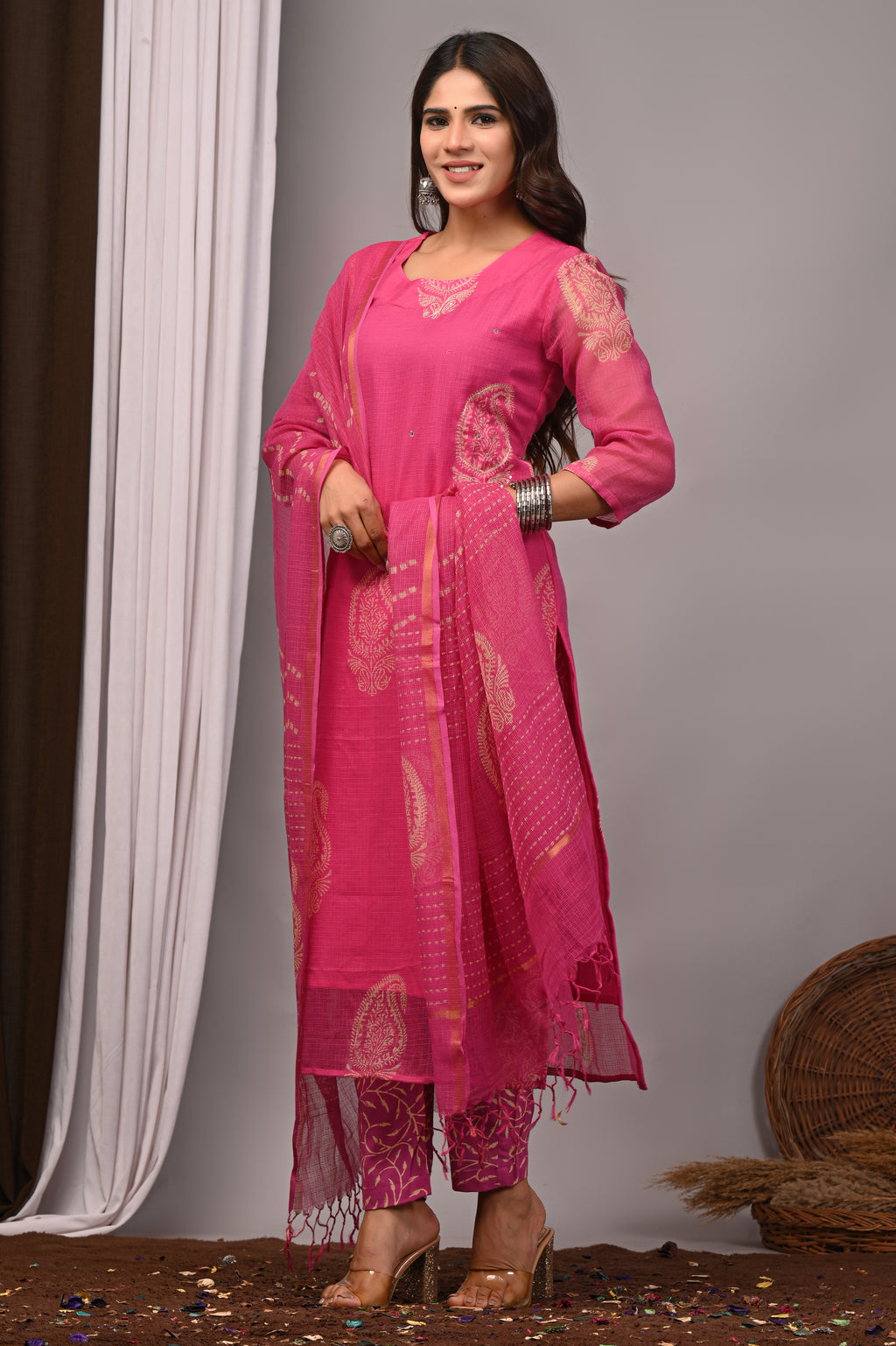 Magenta Paisley Handblock Kota Doria Set with Aari & Sequin Work