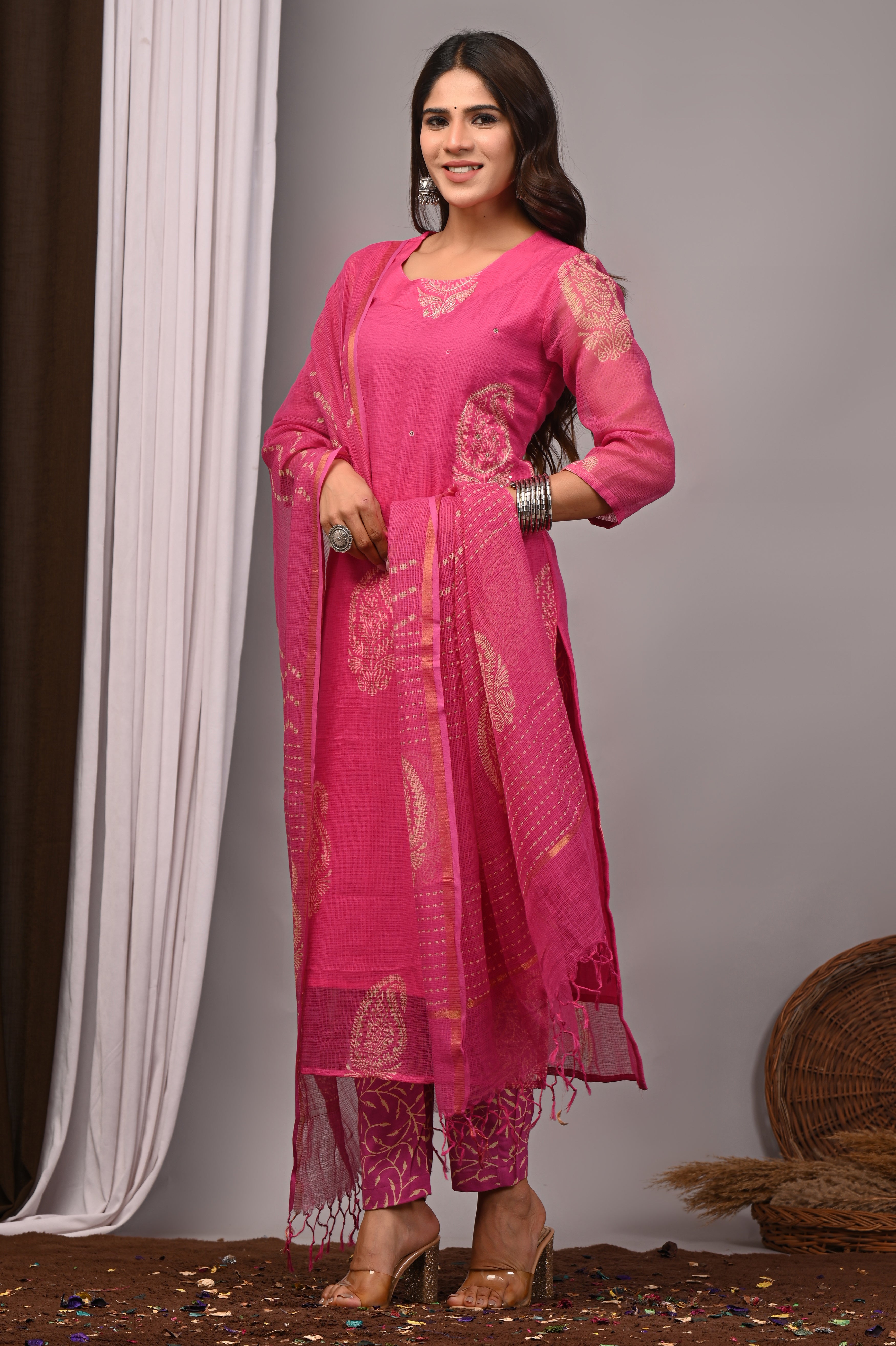 Magenta Paisley Handblock Kota Doria Set with Aari & Sequin Work
