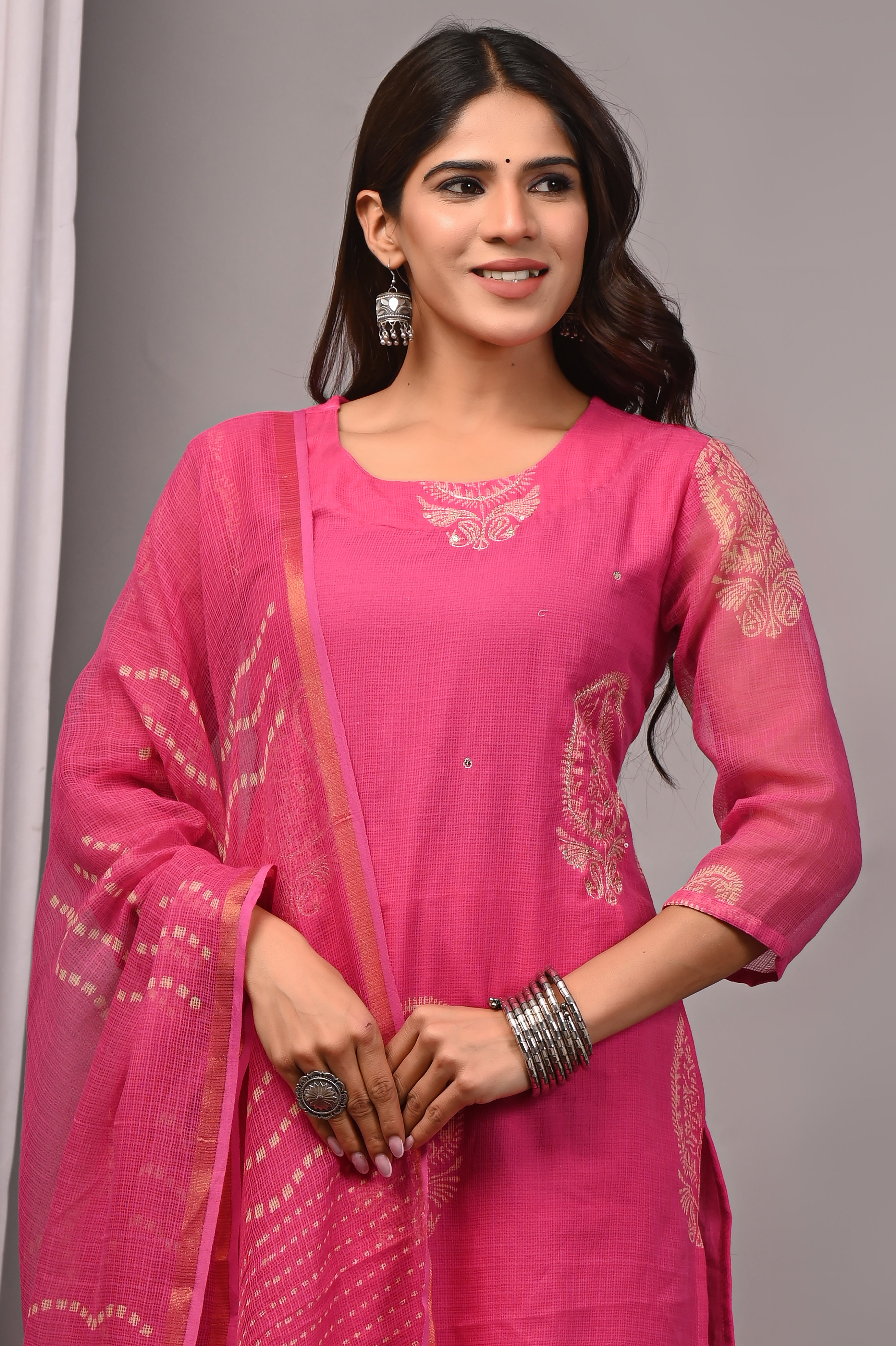 Magenta Paisley Handblock Kota Doria Set with Aari & Sequin Work