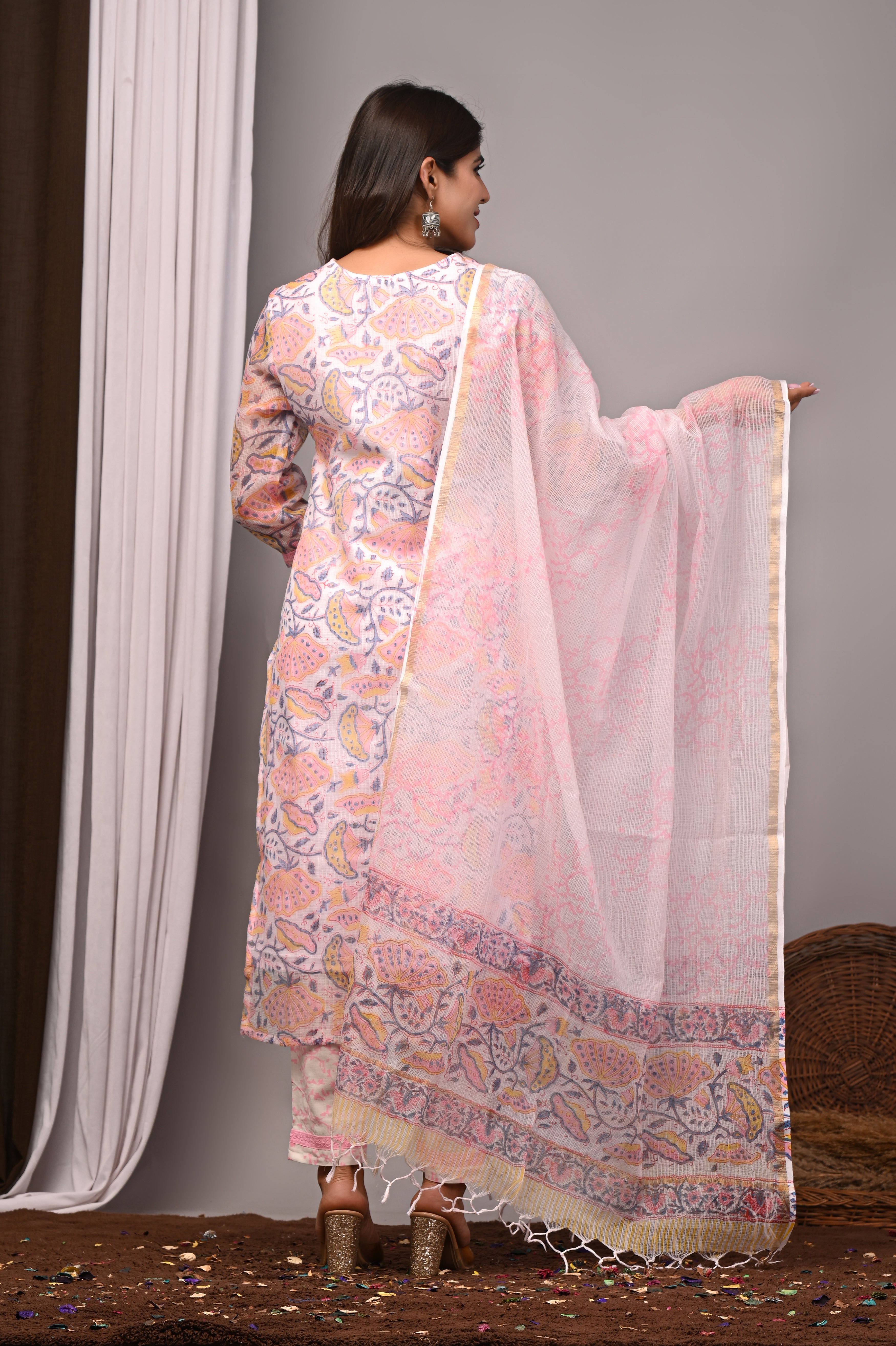 Pastel Pink Floral Handblock Kota Doria Set with French Knots