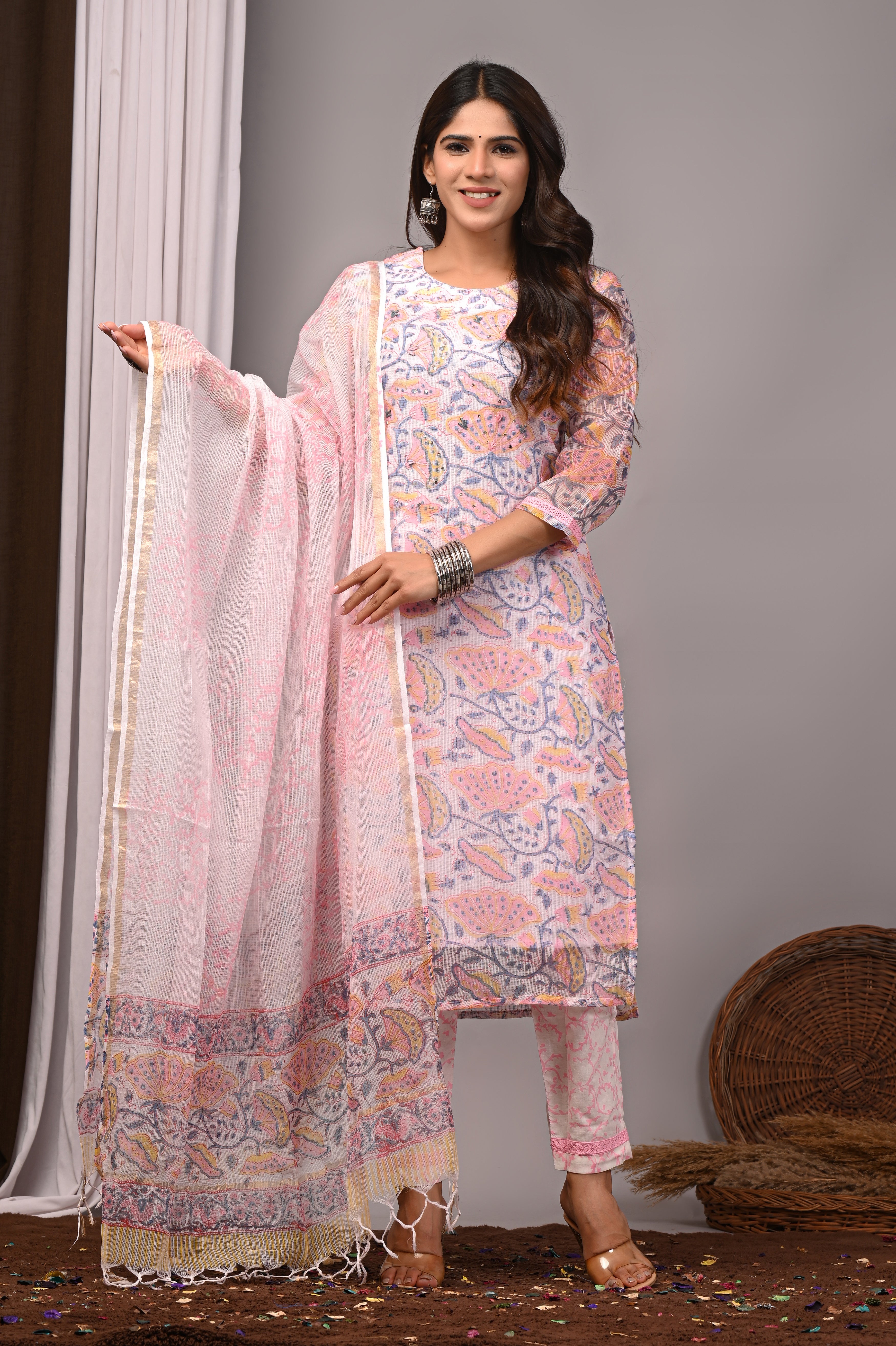 Pastel Pink Floral Handblock Kota Doria Set with French Knots