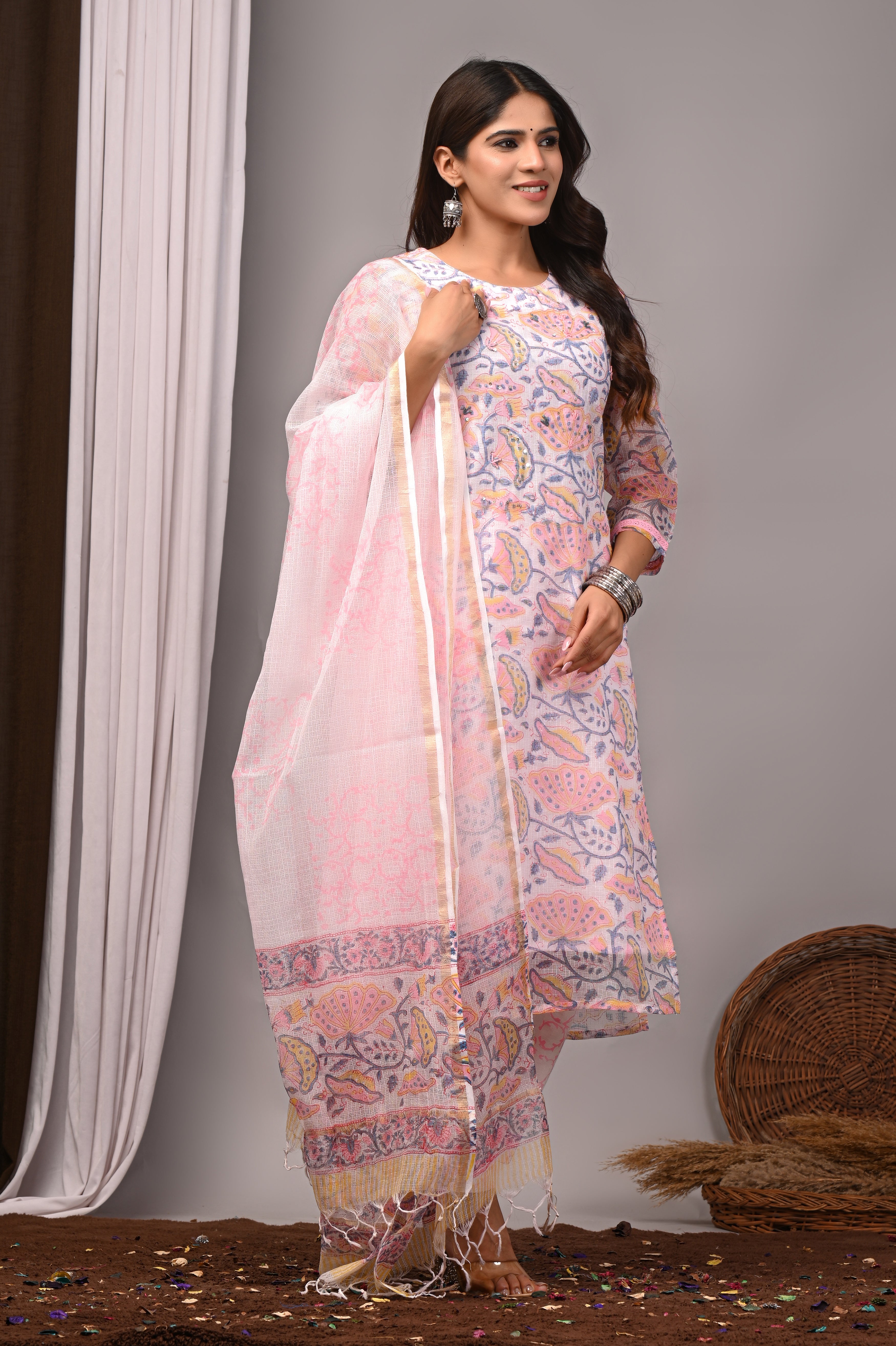 Pastel Pink Floral Handblock Kota Doria Set with French Knots