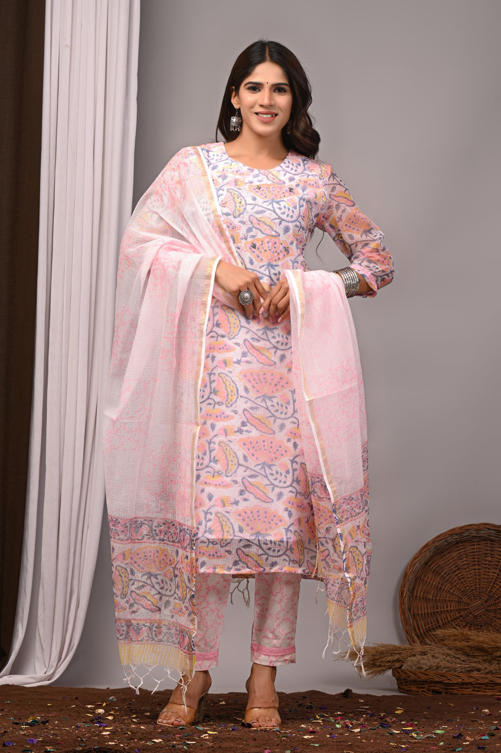 Pastel Pink Floral Handblock Kota Doria Set with French Knots