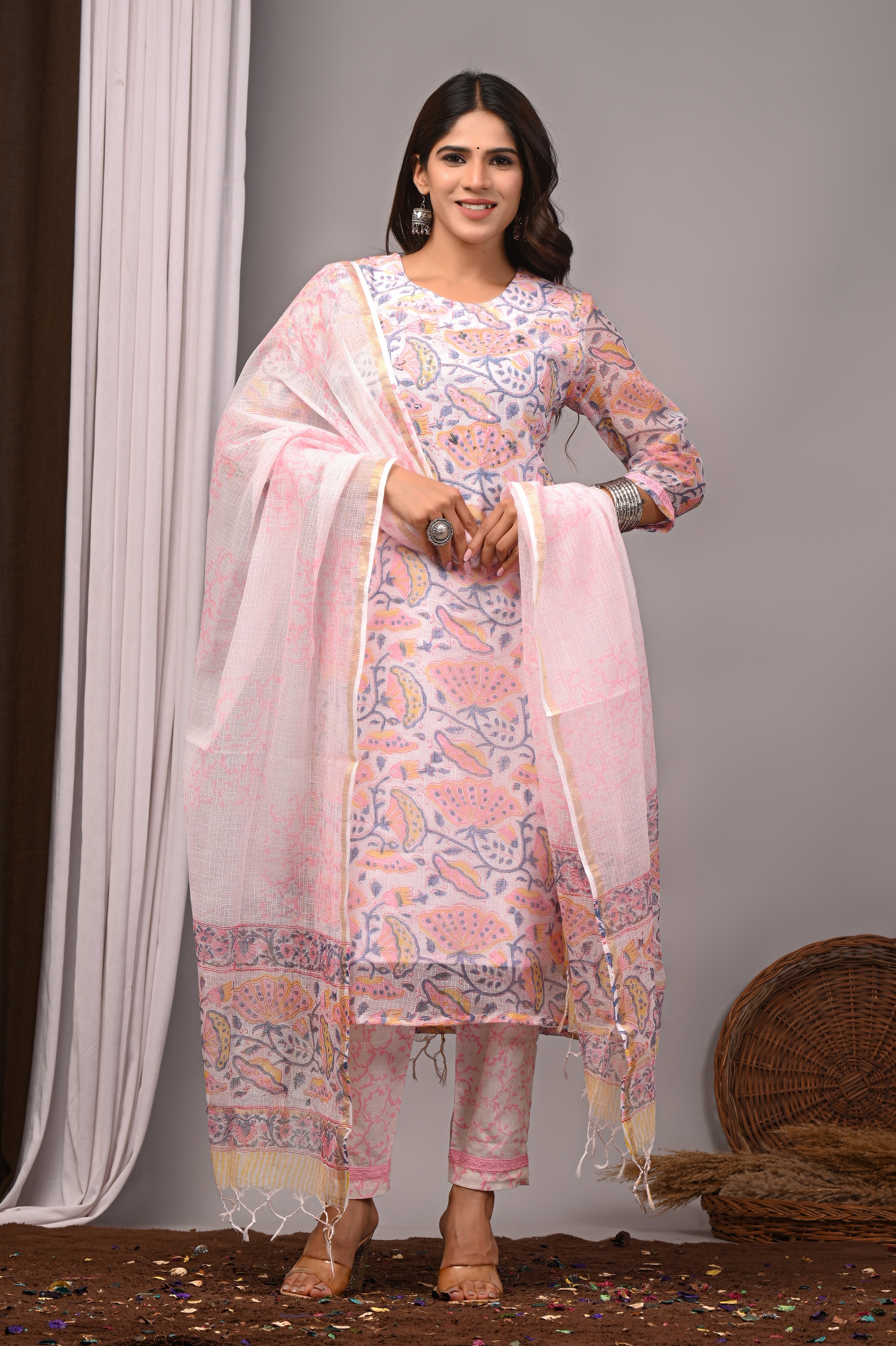 Pastel Pink Floral Handblock Kota Doria Set with French Knots