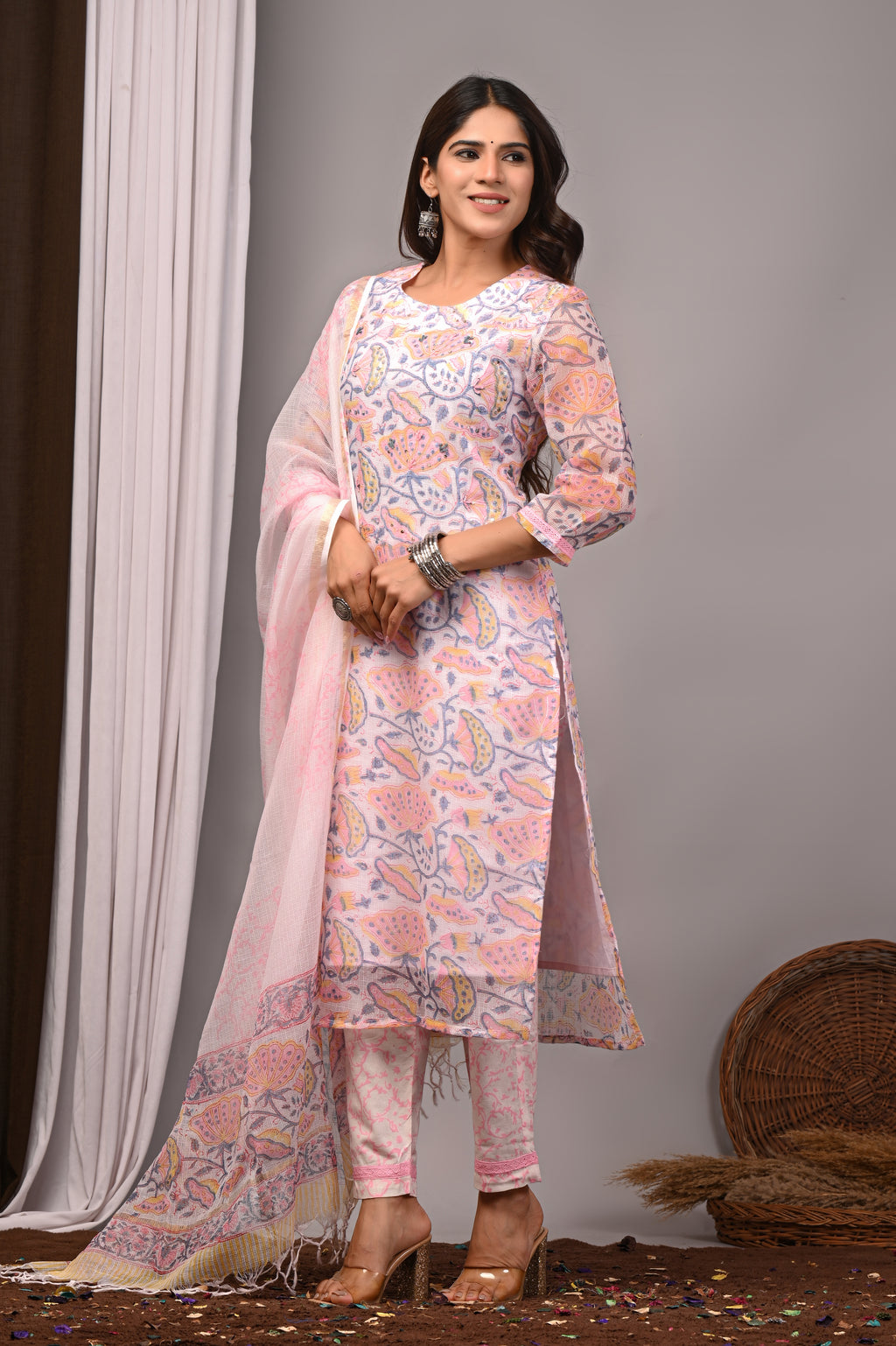 Pastel Pink Floral Handblock Kota Doria Set with French Knots