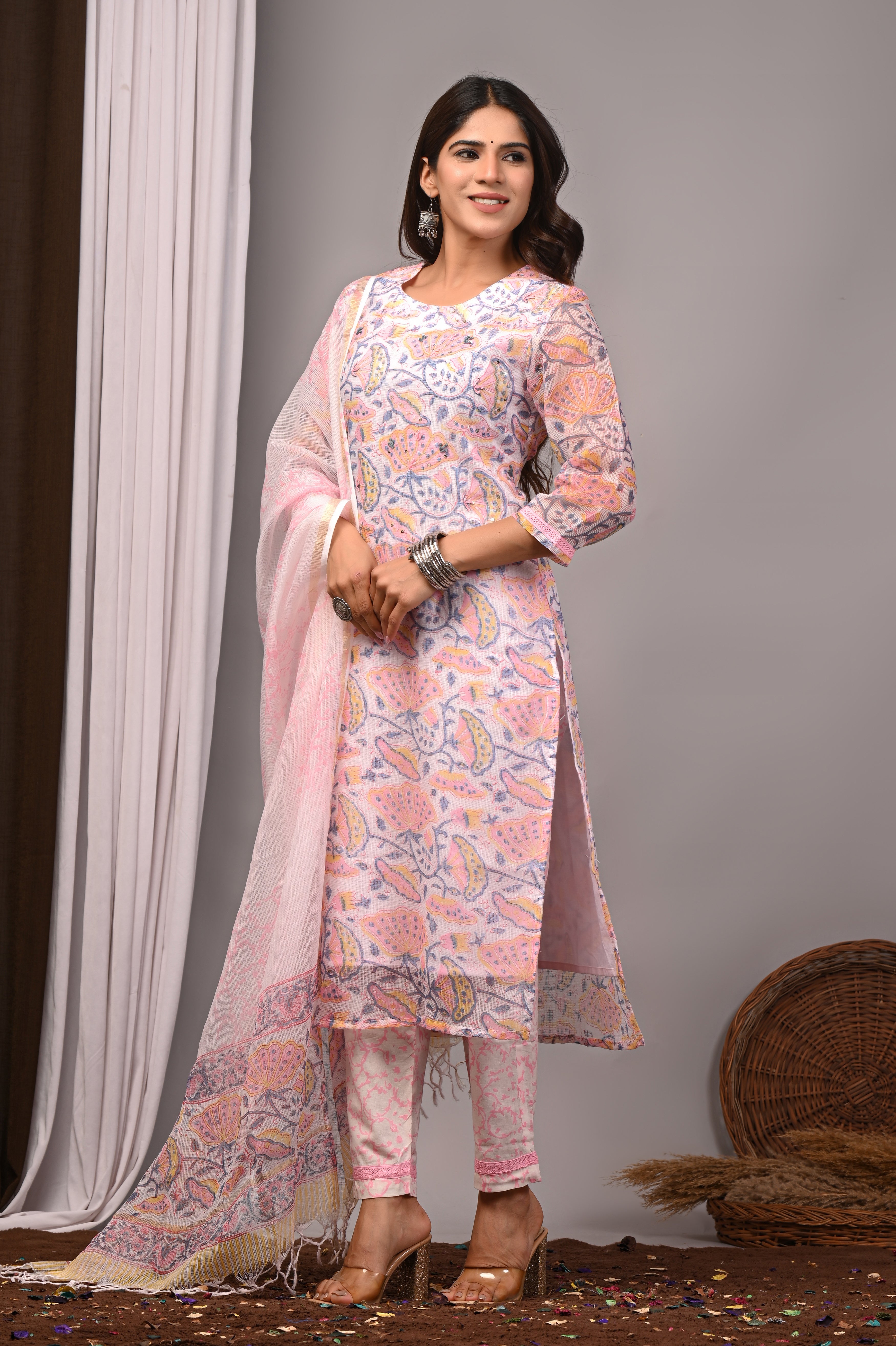 Pastel Pink Floral Handblock Kota Doria Set with French Knots