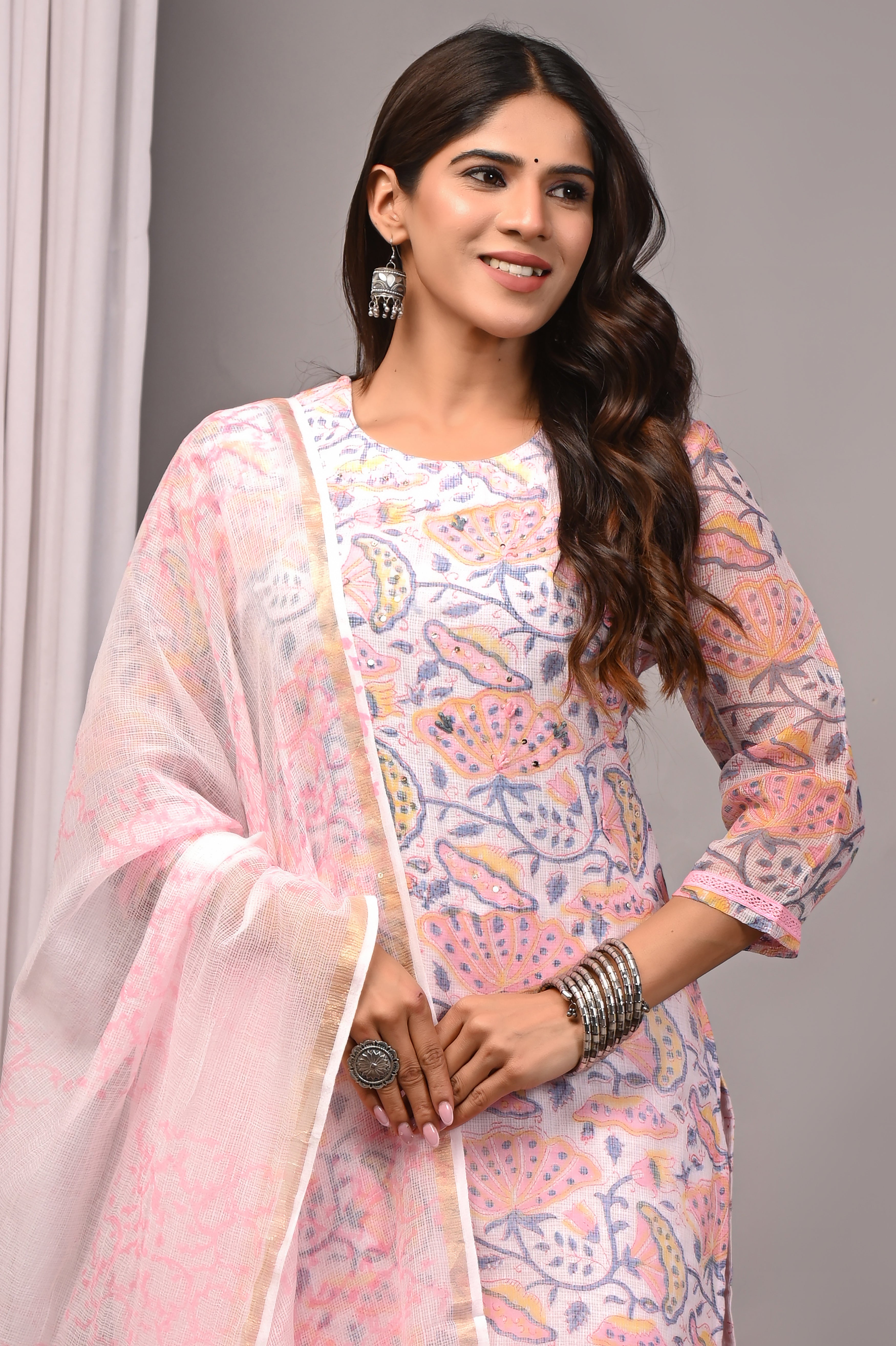 Pastel Pink Floral Handblock Kota Doria Set with French Knots