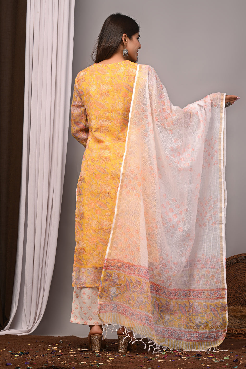 Yellow Multi-Floral Handblock Kota Doria Set