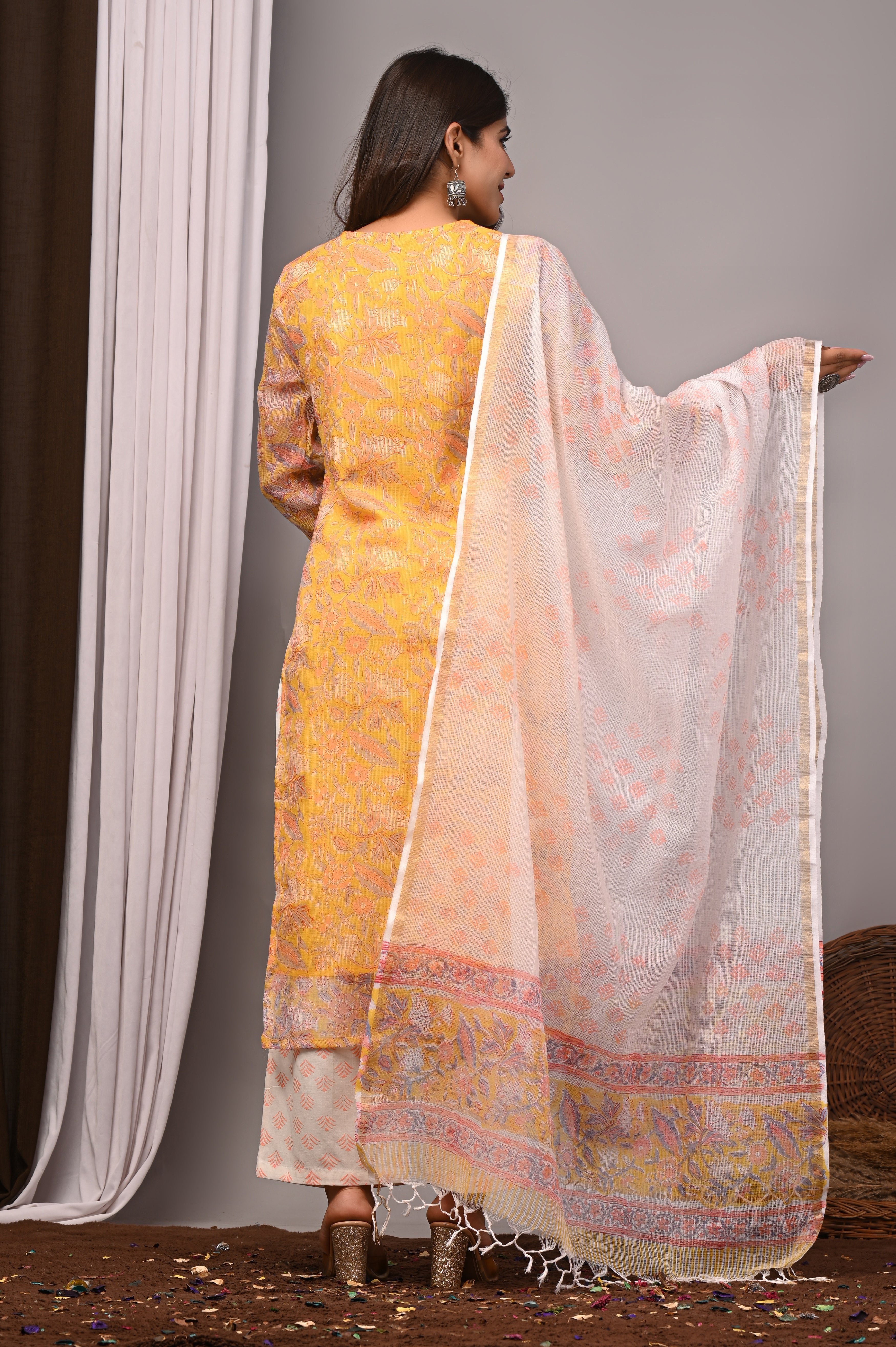 Yellow Multi-Floral Handblock Kota Doria Set