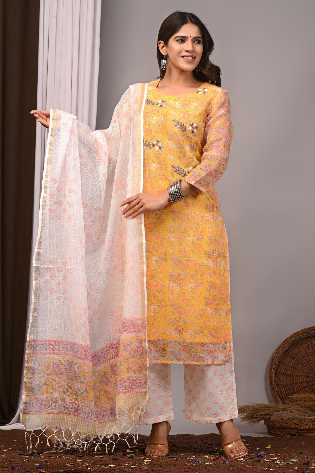 Yellow Multi-Floral Handblock Kota Doria Set