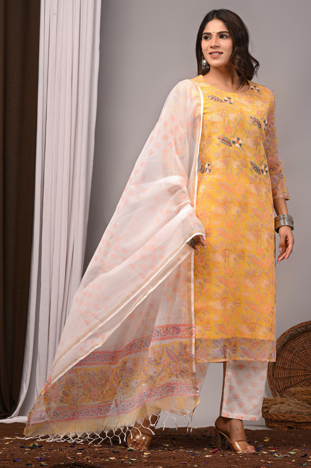Yellow Multi-Floral Handblock Kota Doria Set