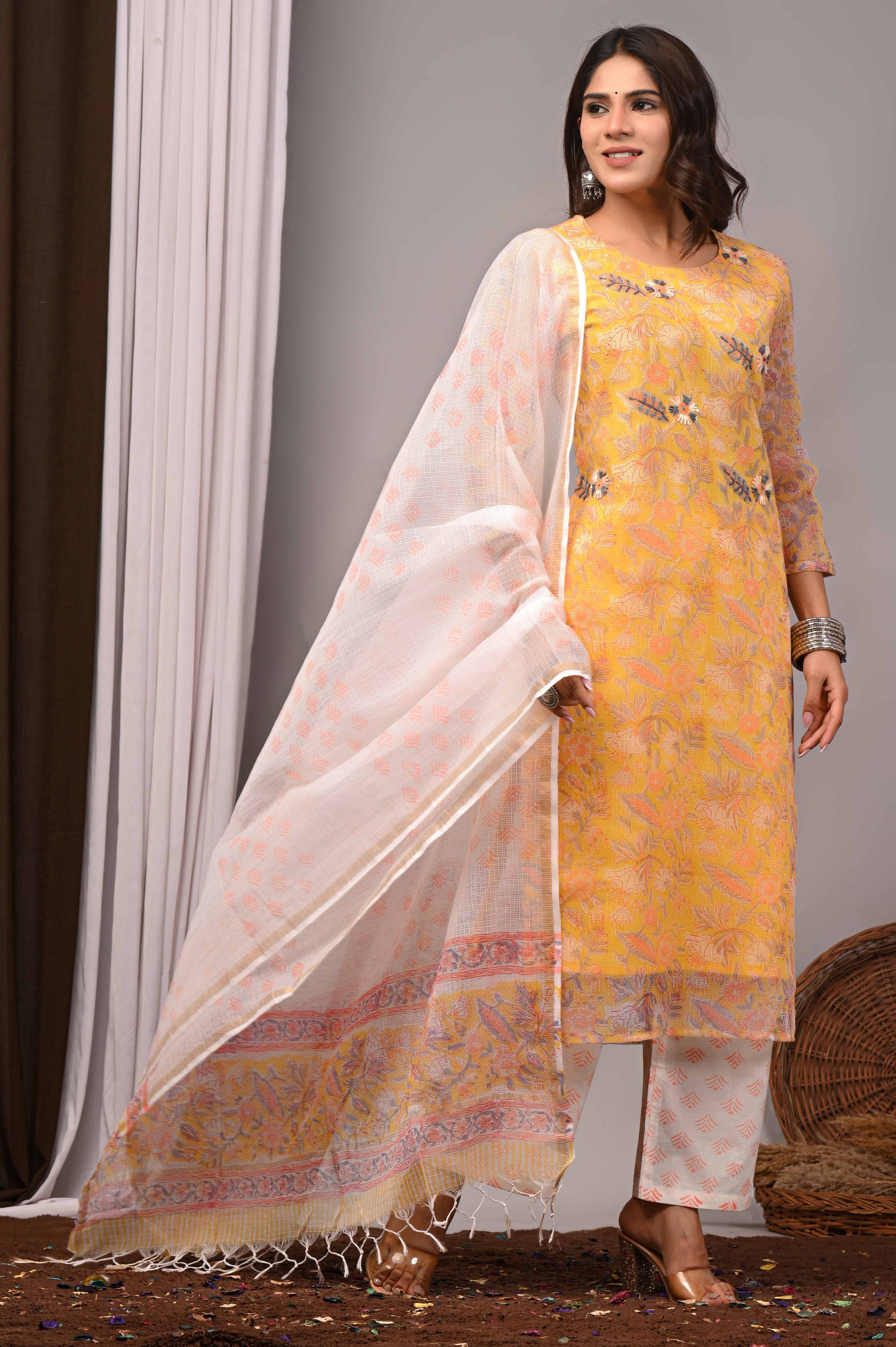 Yellow Multi-Floral Handblock Kota Doria Set