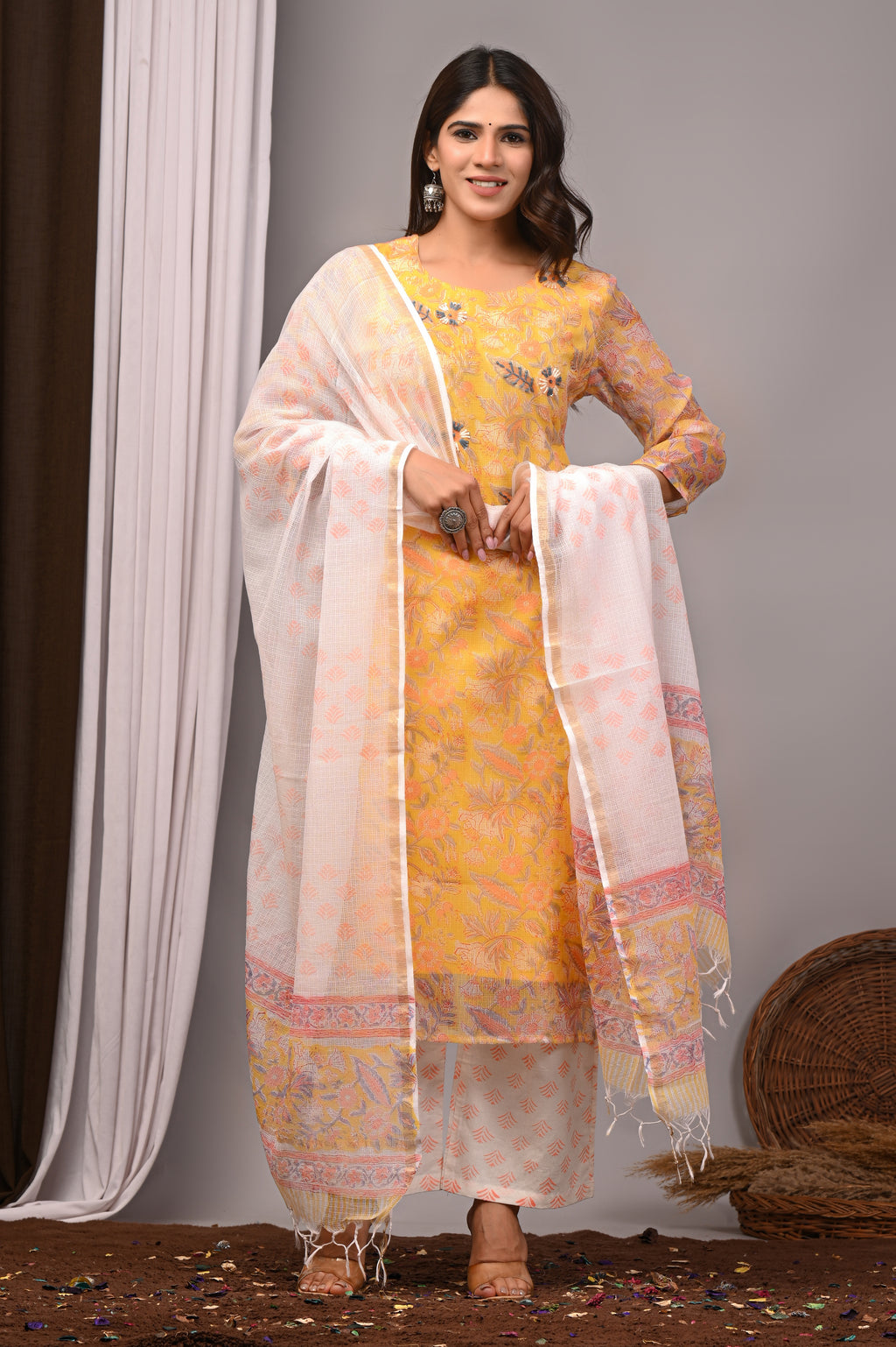 Yellow Multi-Floral Handblock Kota Doria Set