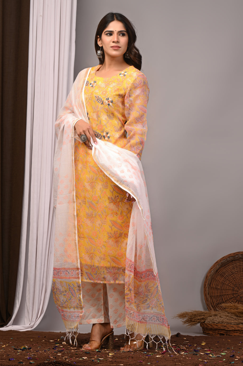 Yellow Multi-Floral Handblock Kota Doria Set