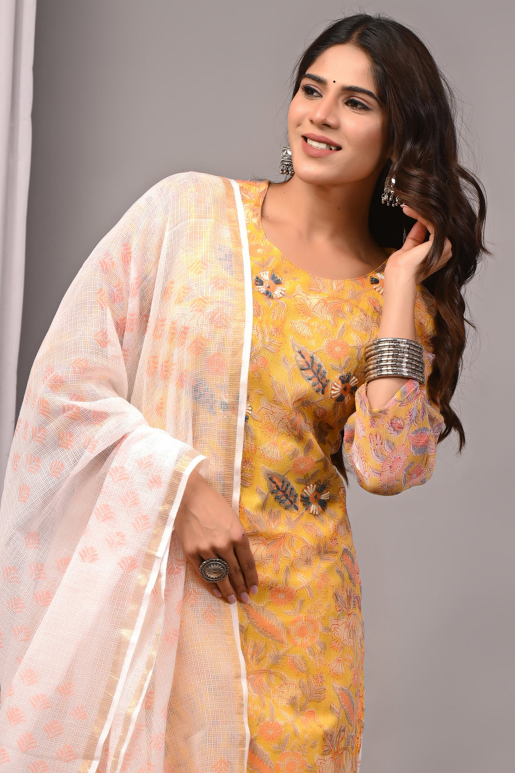 Yellow Multi-Floral Handblock Kota Doria Set