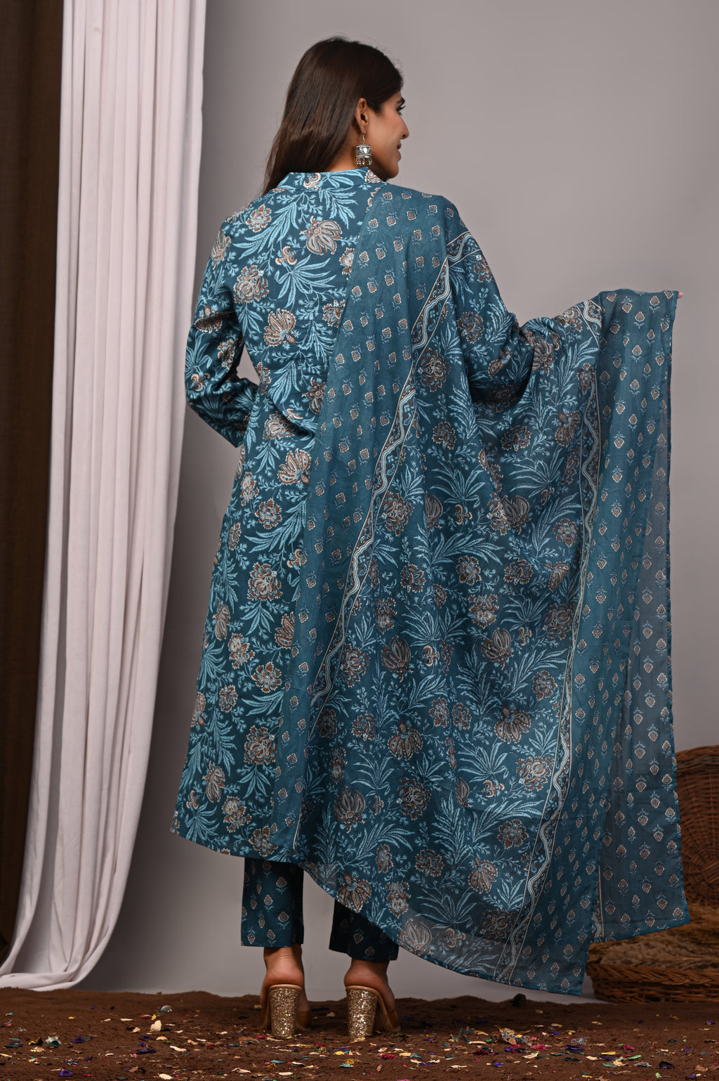 Teal Blue Sanganeri Cotton A-Line Set with Silver Aari Work
