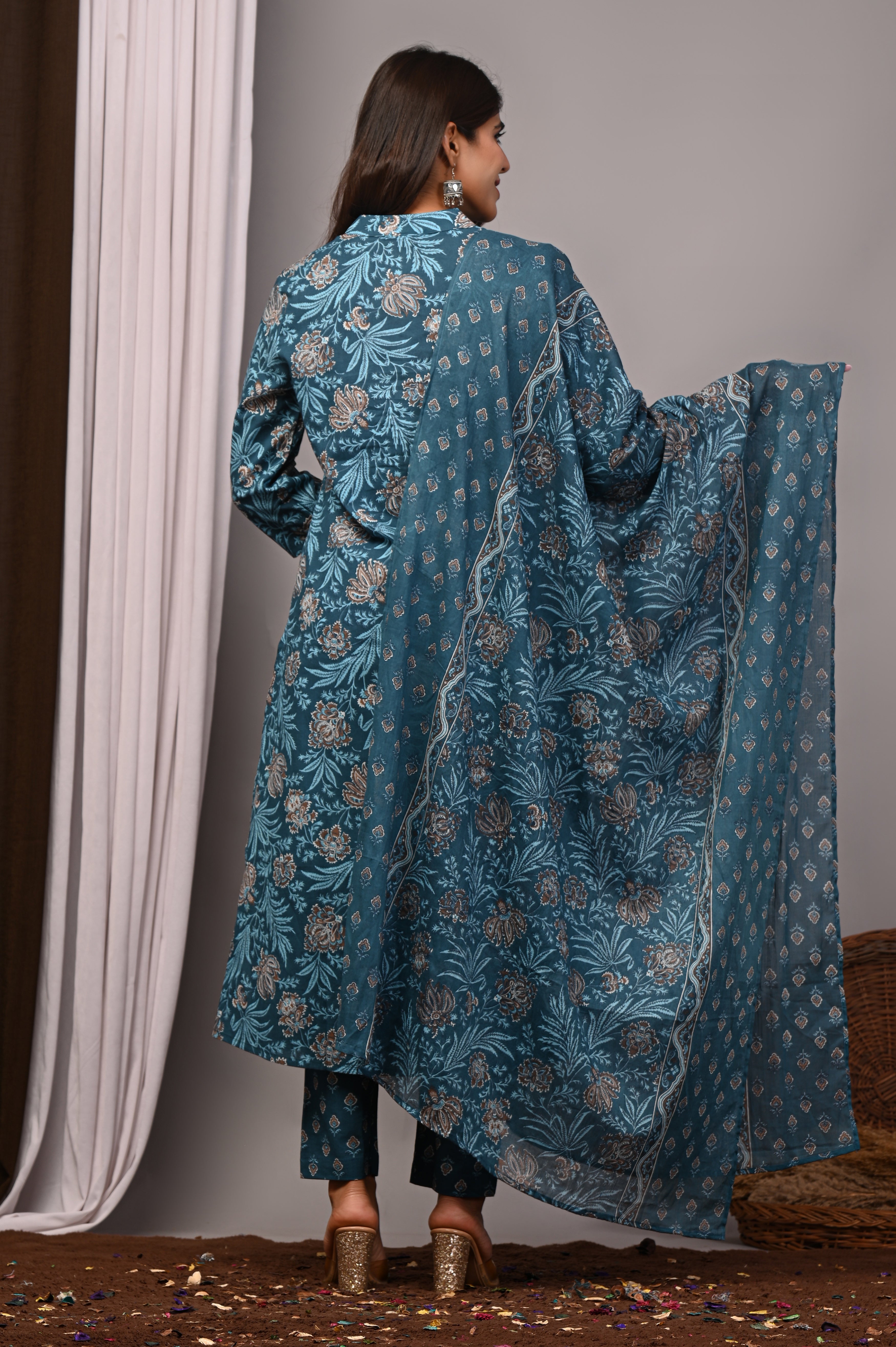 Teal Blue Sanganeri Cotton A-Line Set with Silver Aari Work