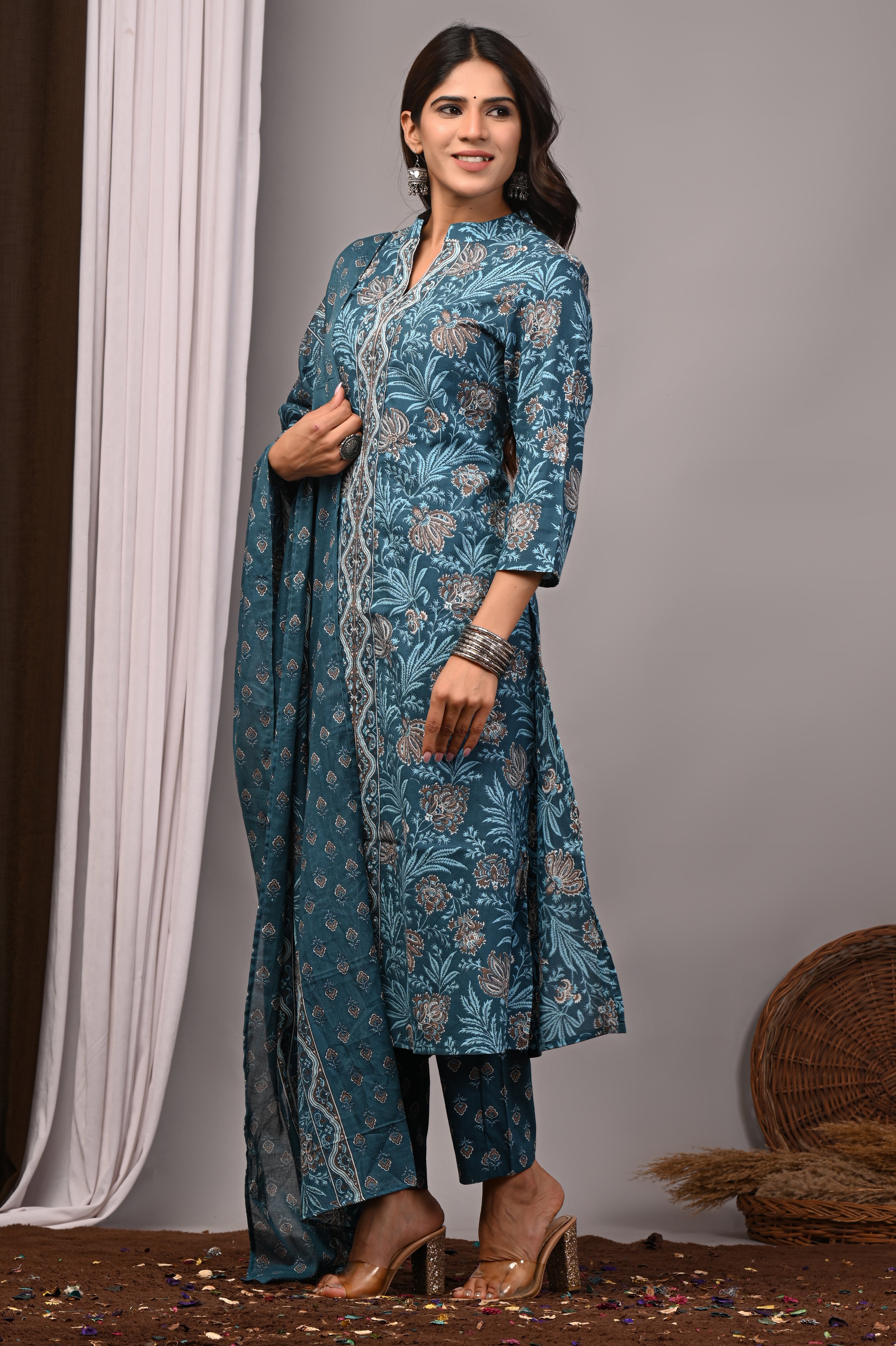 Teal Blue Sanganeri Cotton A-Line Set with Silver Aari Work