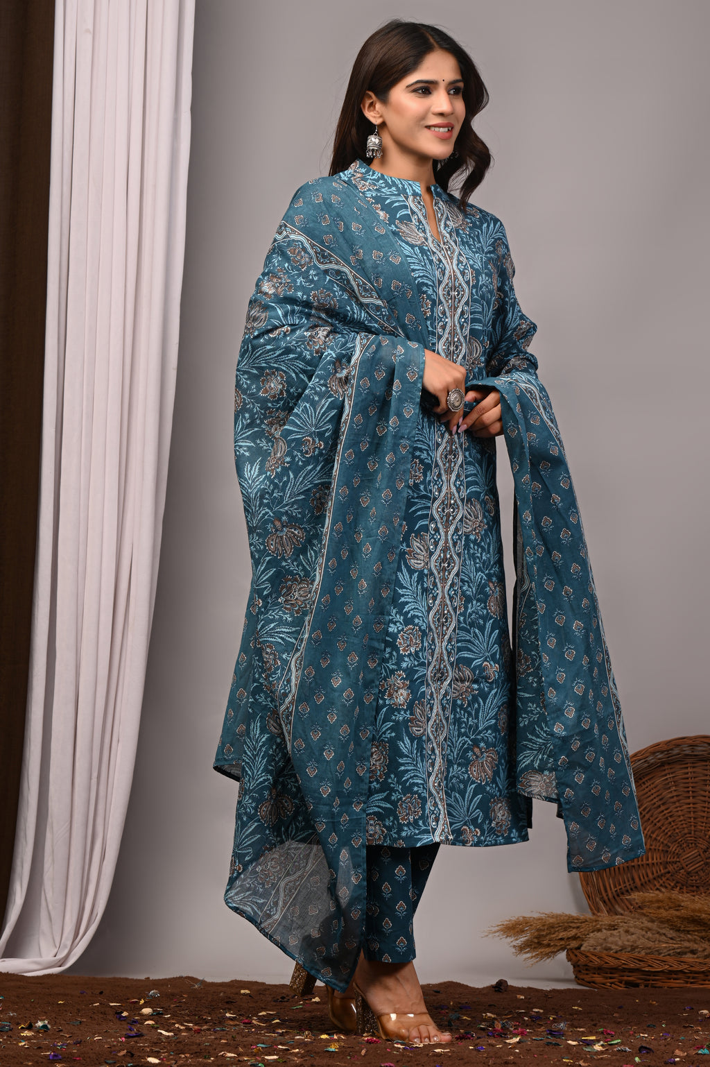 Teal Blue Sanganeri Cotton A-Line Set with Silver Aari Work
