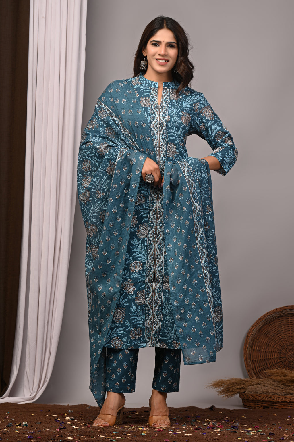Teal Blue Sanganeri Cotton A-Line Set with Silver Aari Work