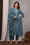 Teal Blue Sanganeri Cotton A-Line Set with Silver Aari Work