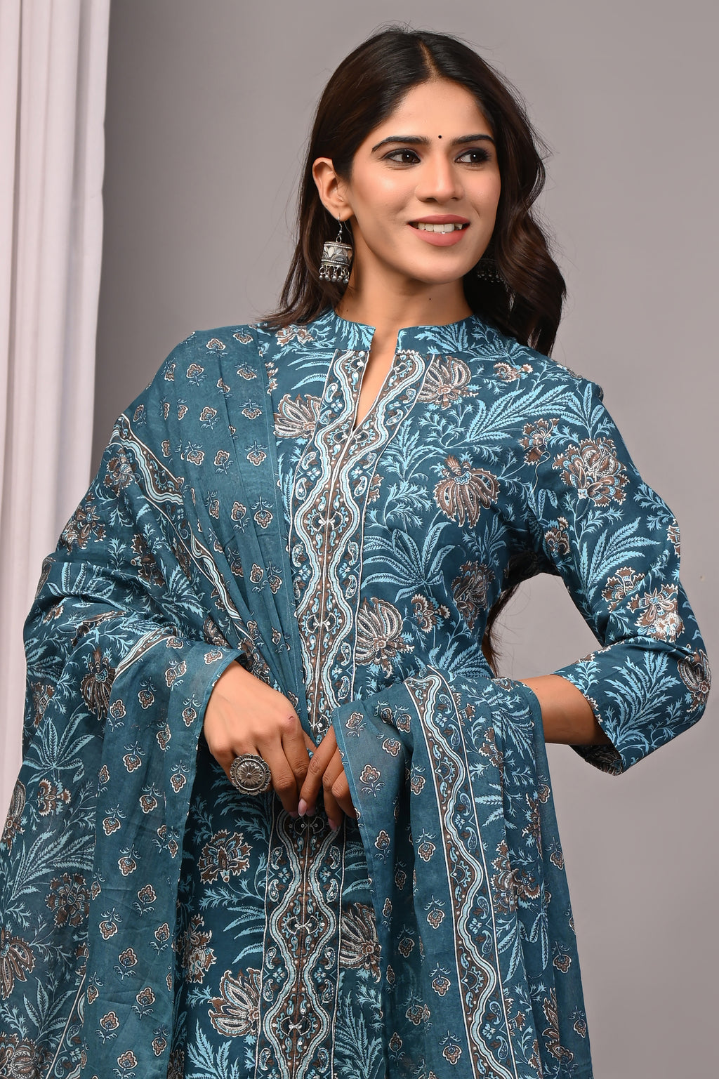 Teal Blue Sanganeri Cotton A-Line Set with Silver Aari Work