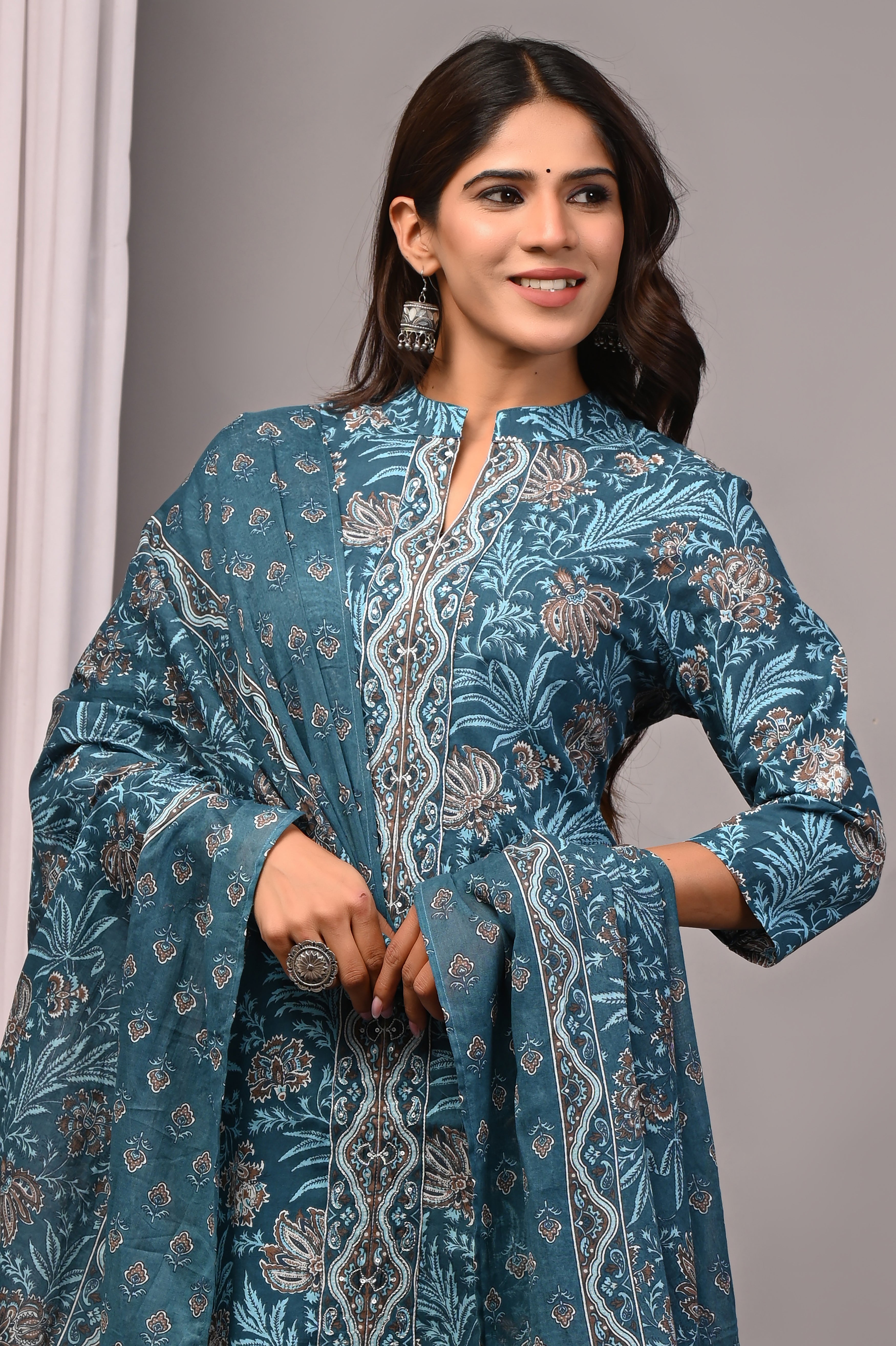 Teal Blue Sanganeri Cotton A-Line Set with Silver Aari Work