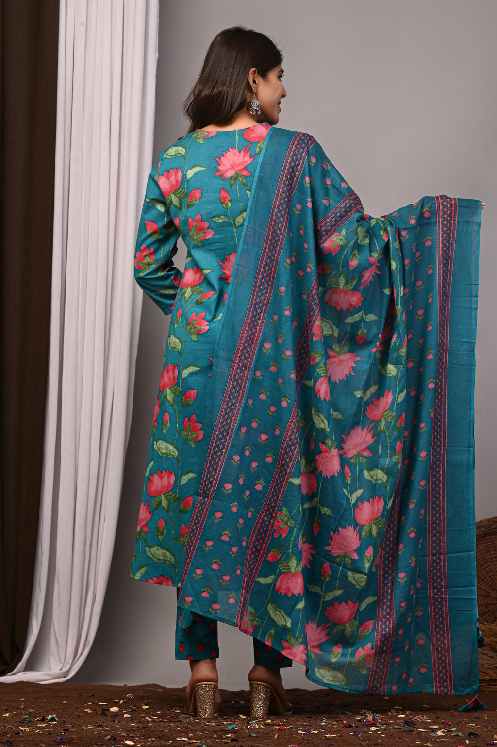 Teal Green Floral Cotton Angarkha A-Line Set