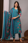 Teal Green Floral Cotton Angarkha A-Line Set