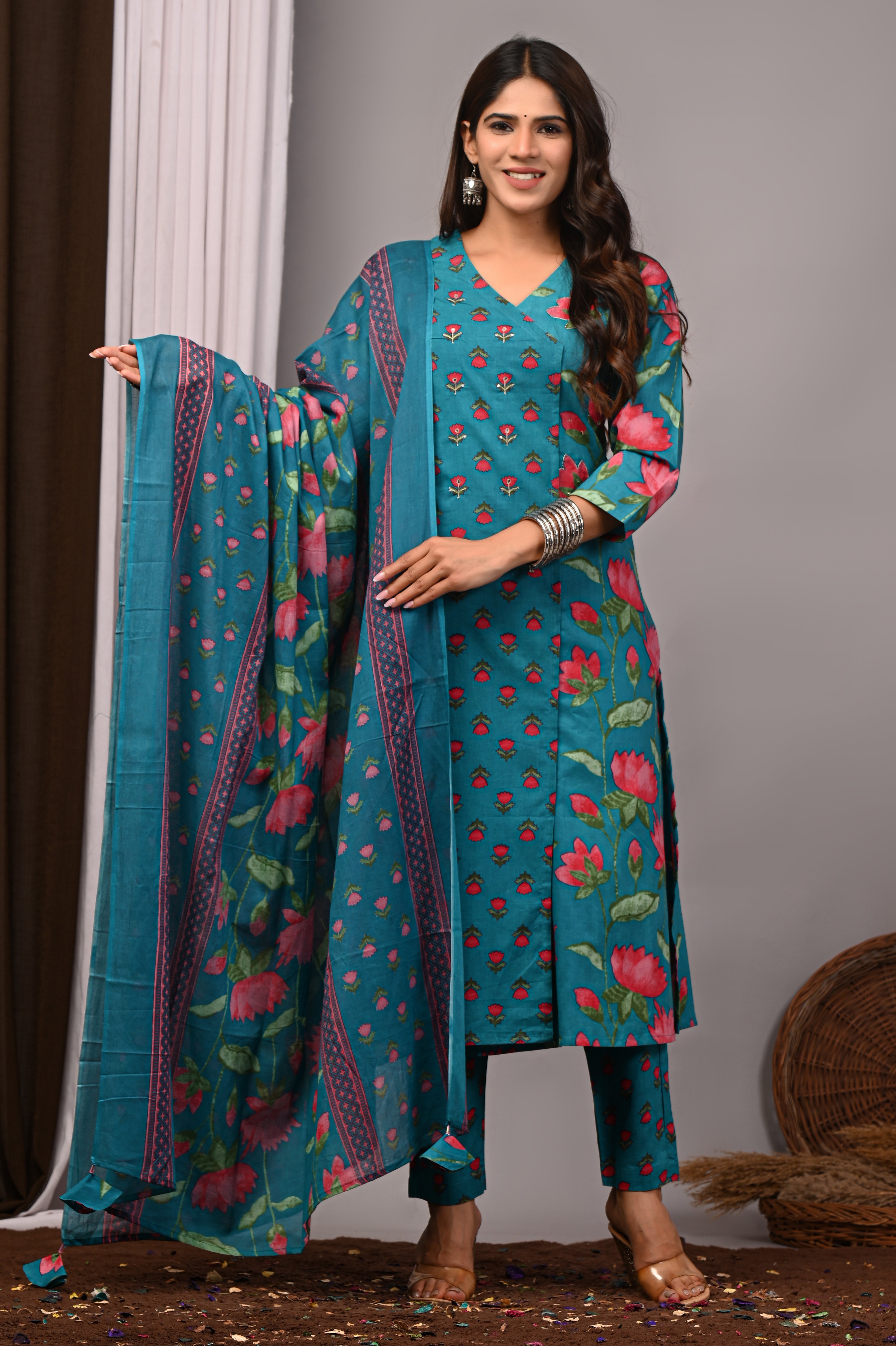 Teal Green Floral Cotton Angarkha A-Line Set