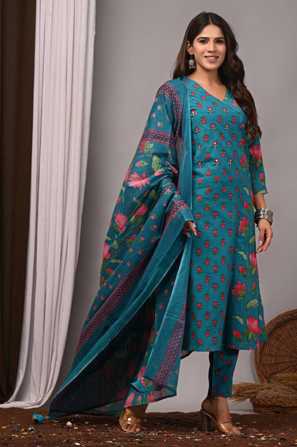 Teal Green Floral Cotton Angarkha A-Line Set