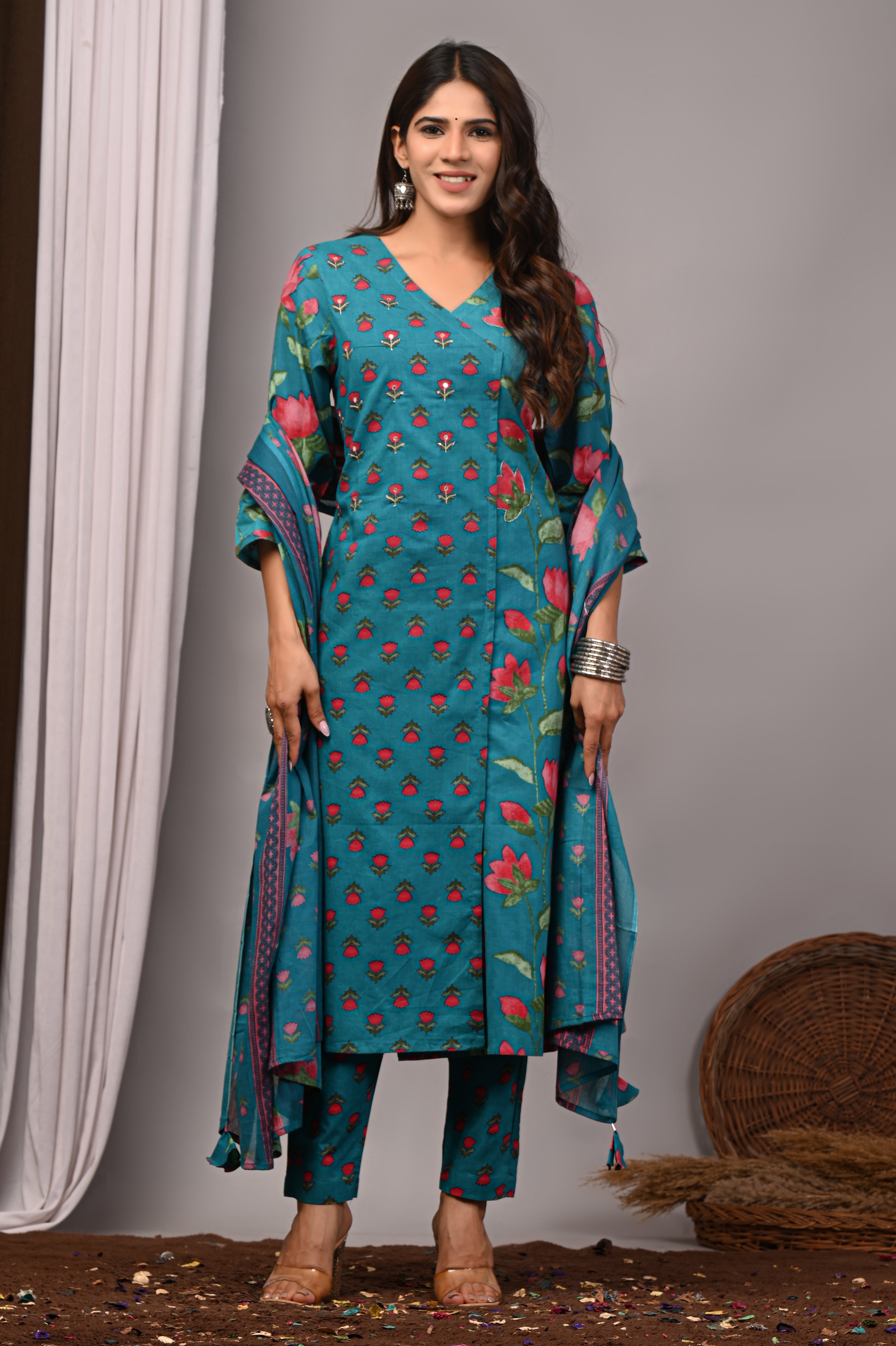 Teal Green Floral Cotton Angarkha A-Line Set