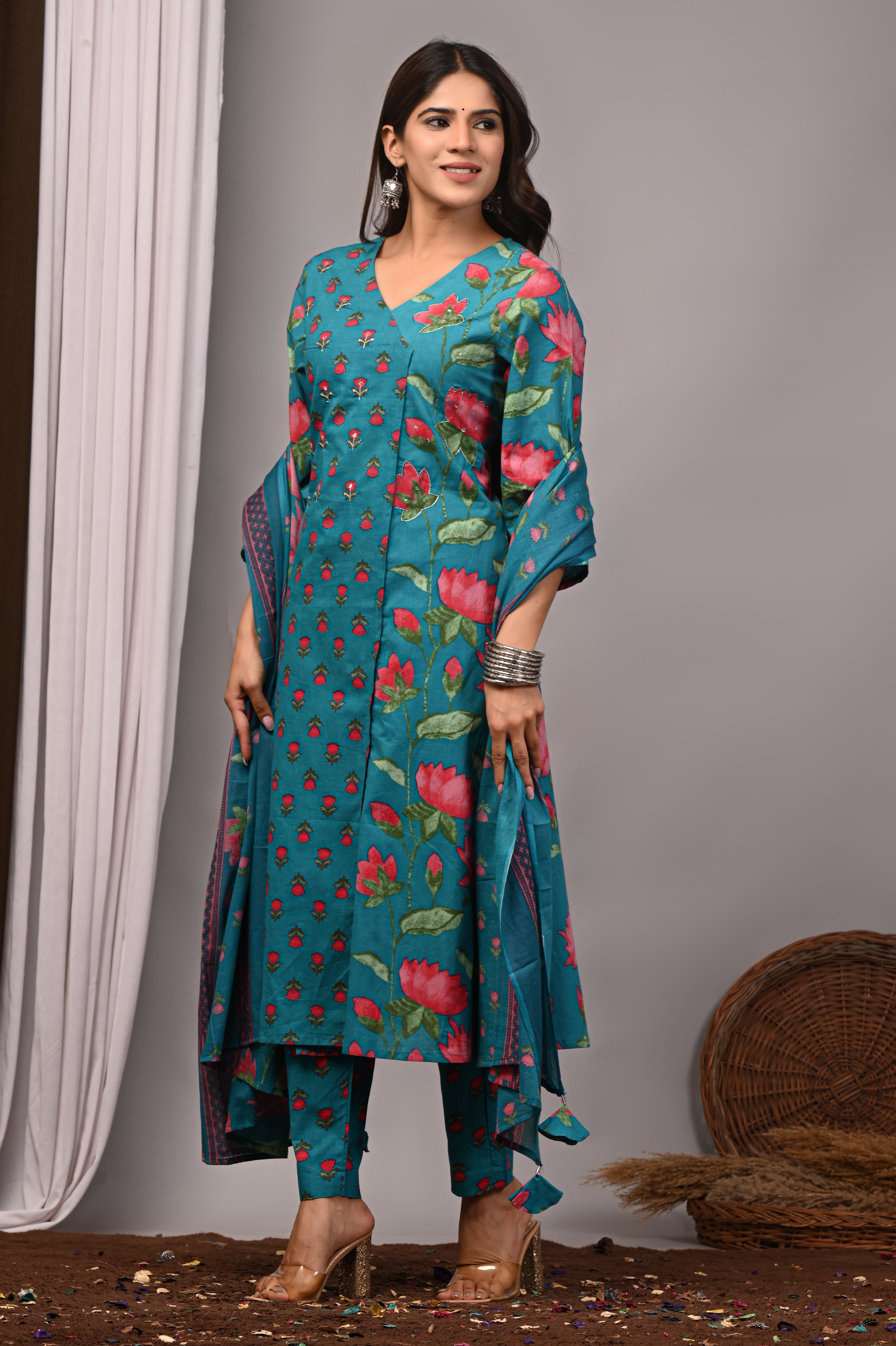 Teal Green Floral Cotton Angarkha A-Line Set