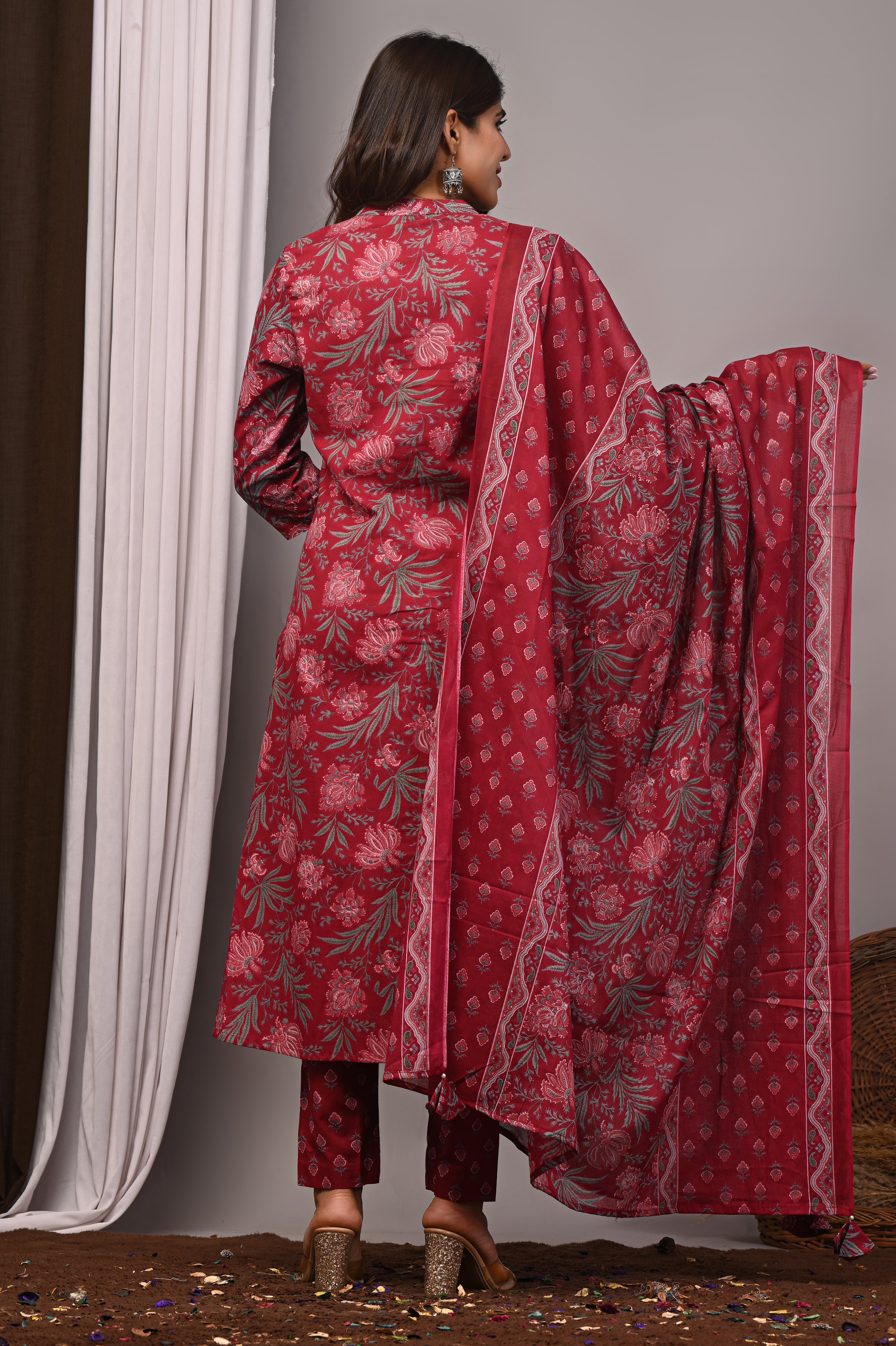 Bordeaux Mist Sanganeri Cotton A-Line Set with Silver Aari Work