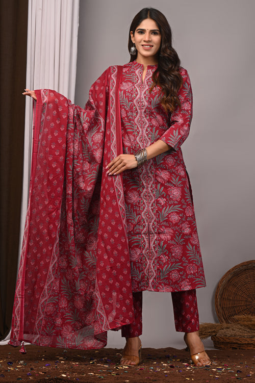 Bordeaux Mist Sanganeri Cotton A-Line Set with Silver Aari Work