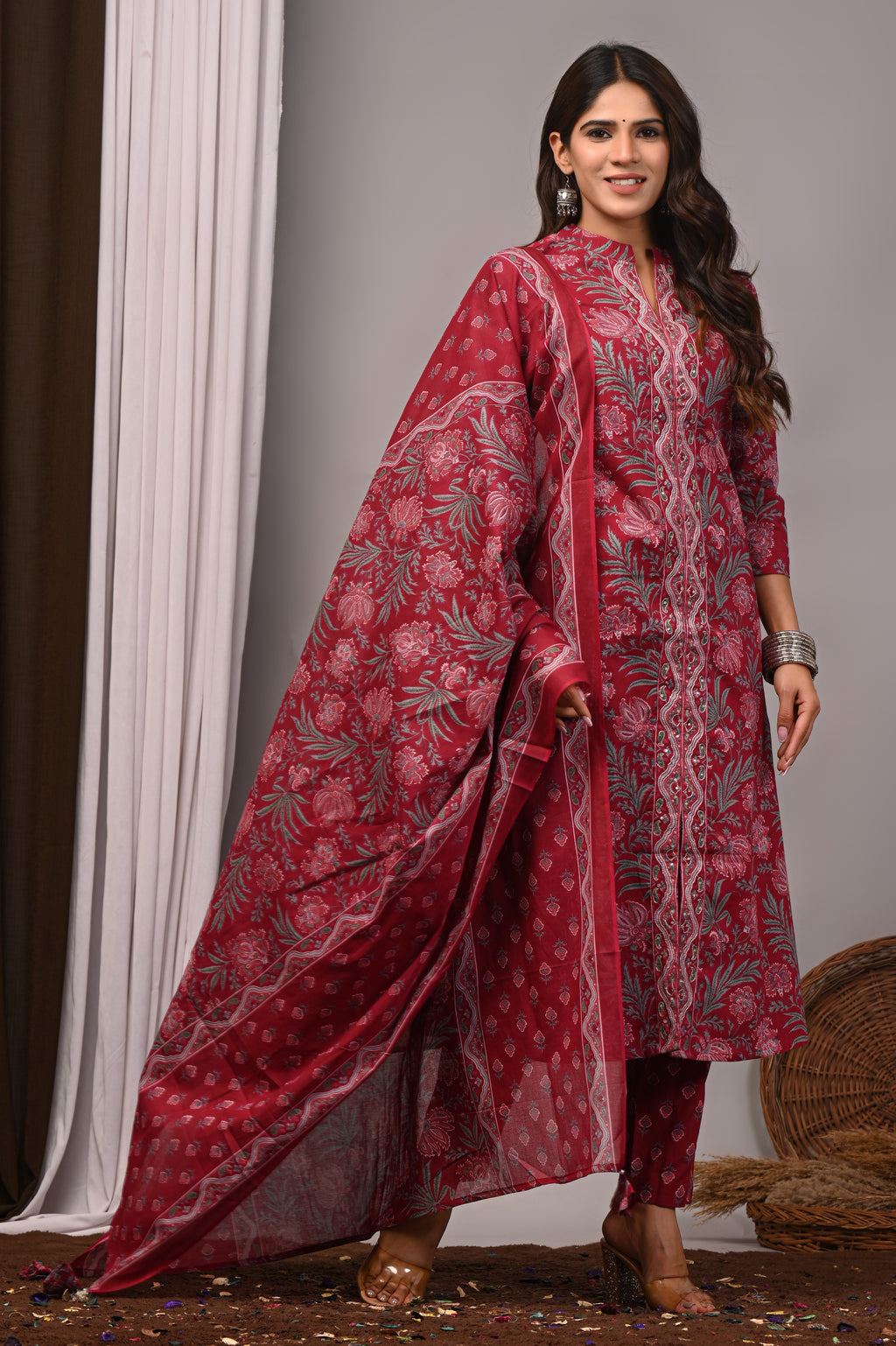 Bordeaux Mist Sanganeri Cotton A-Line Set with Silver Aari Work