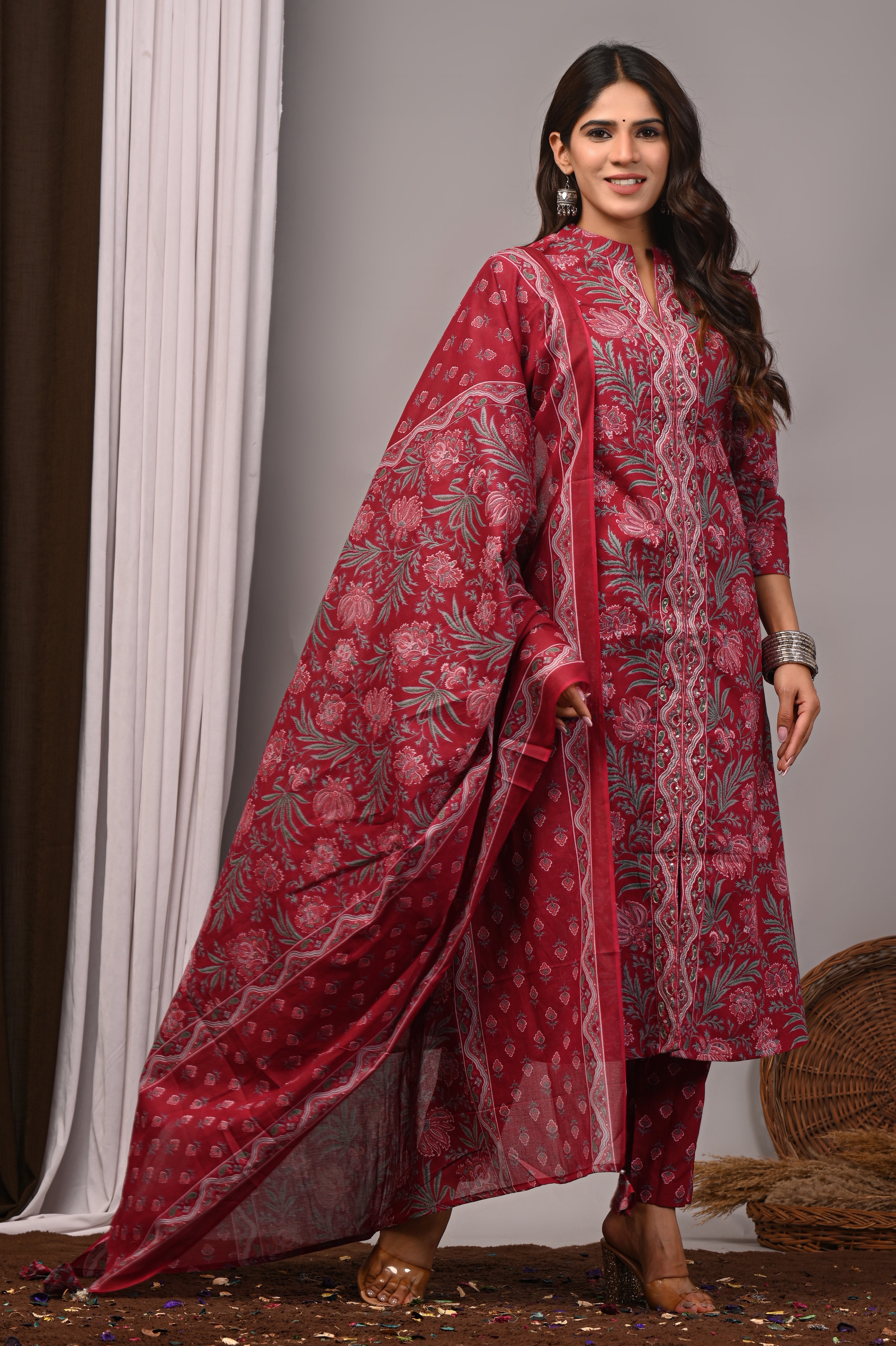 Bordeaux Mist Sanganeri Cotton A-Line Set with Silver Aari Work