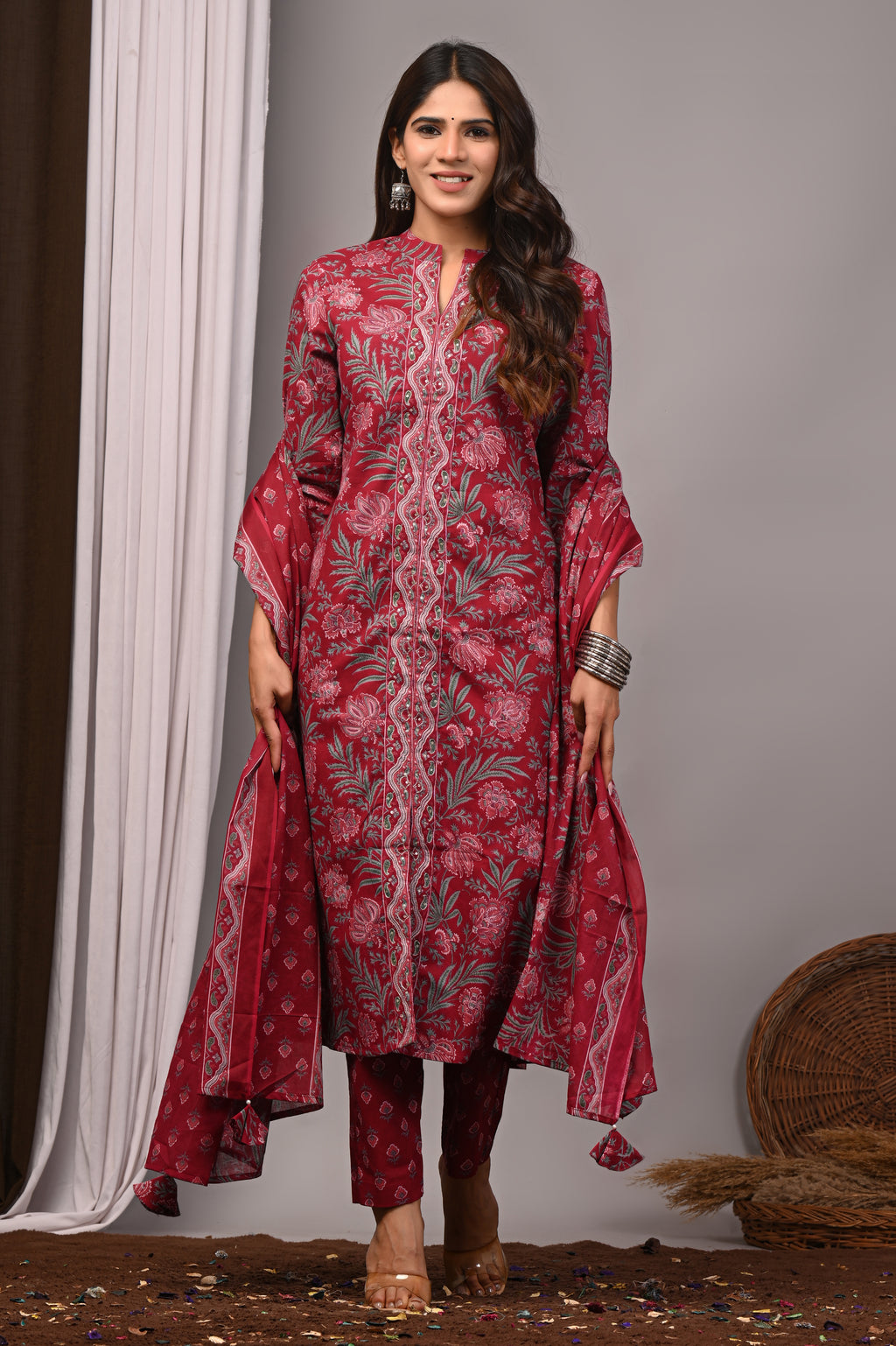Bordeaux Mist Sanganeri Cotton A-Line Set with Silver Aari Work