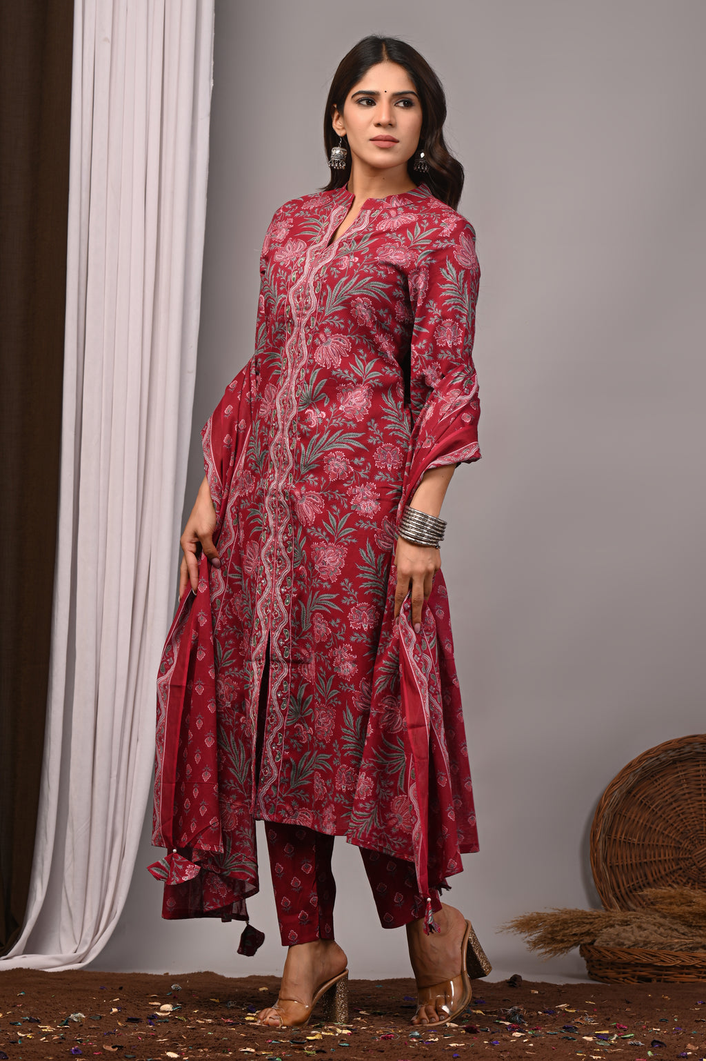 Bordeaux Mist Sanganeri Cotton A-Line Set with Silver Aari Work