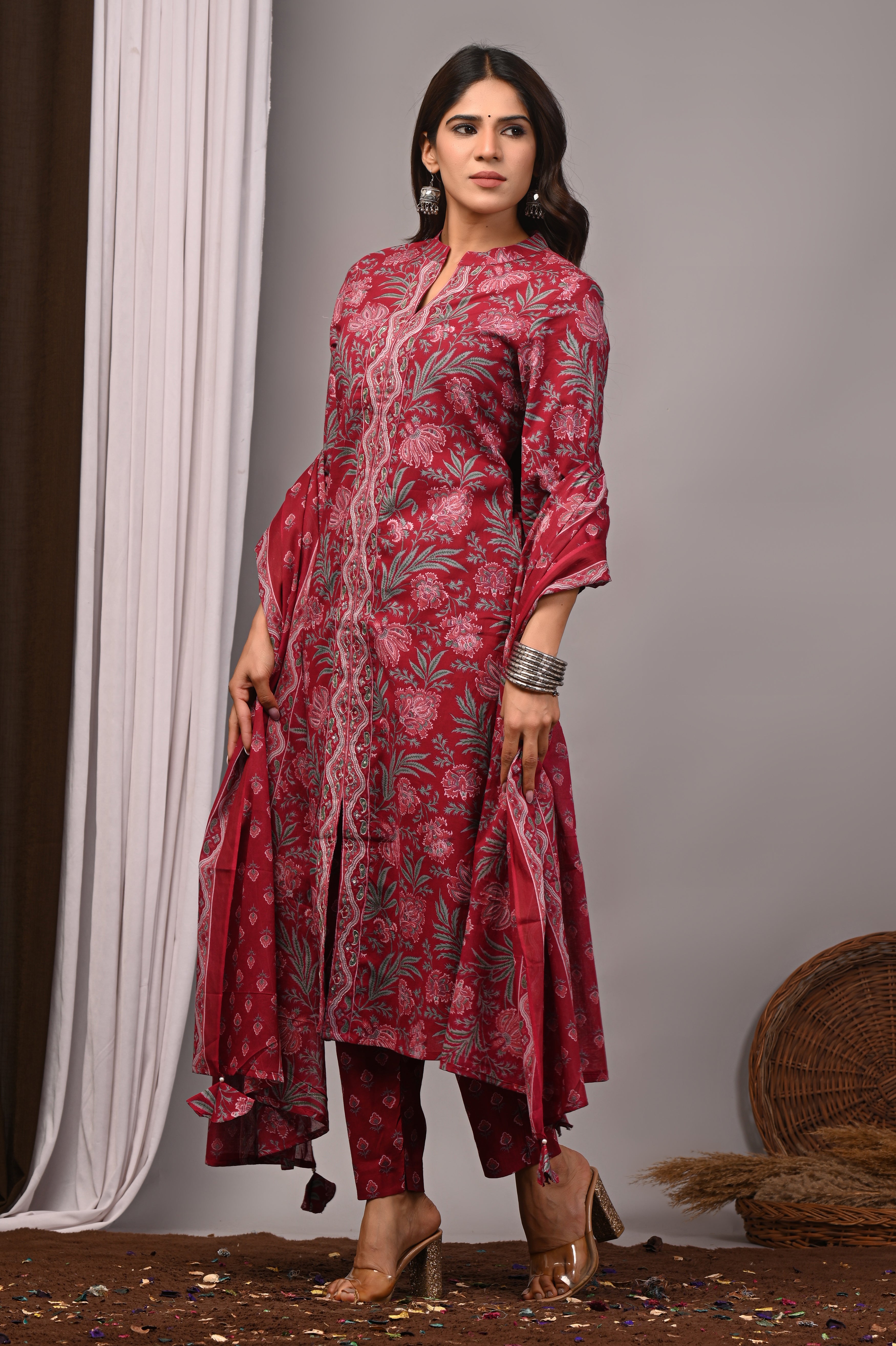 Bordeaux Mist Sanganeri Cotton A-Line Set with Silver Aari Work