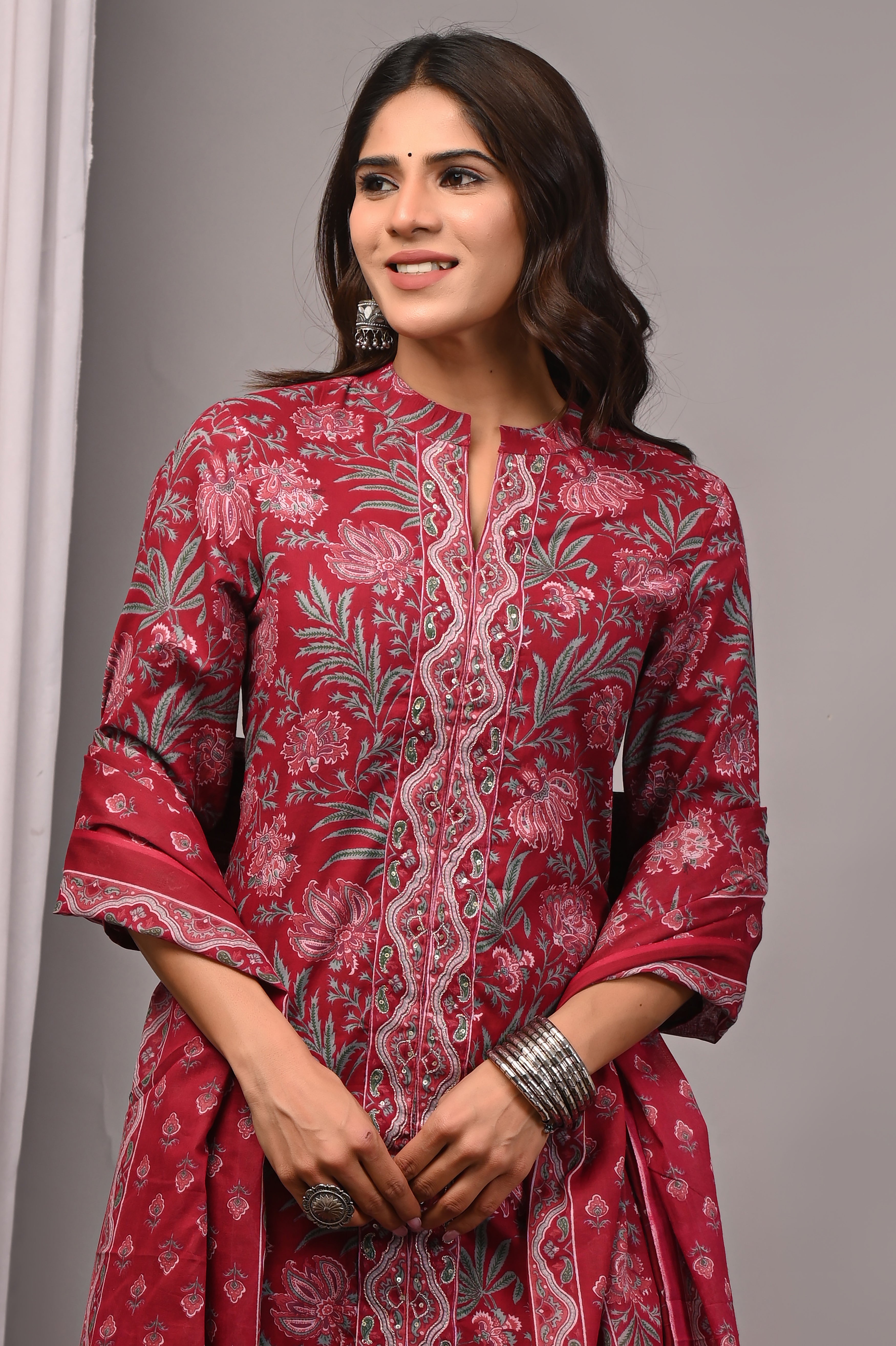 Bordeaux Mist Sanganeri Cotton A-Line Set with Silver Aari Work