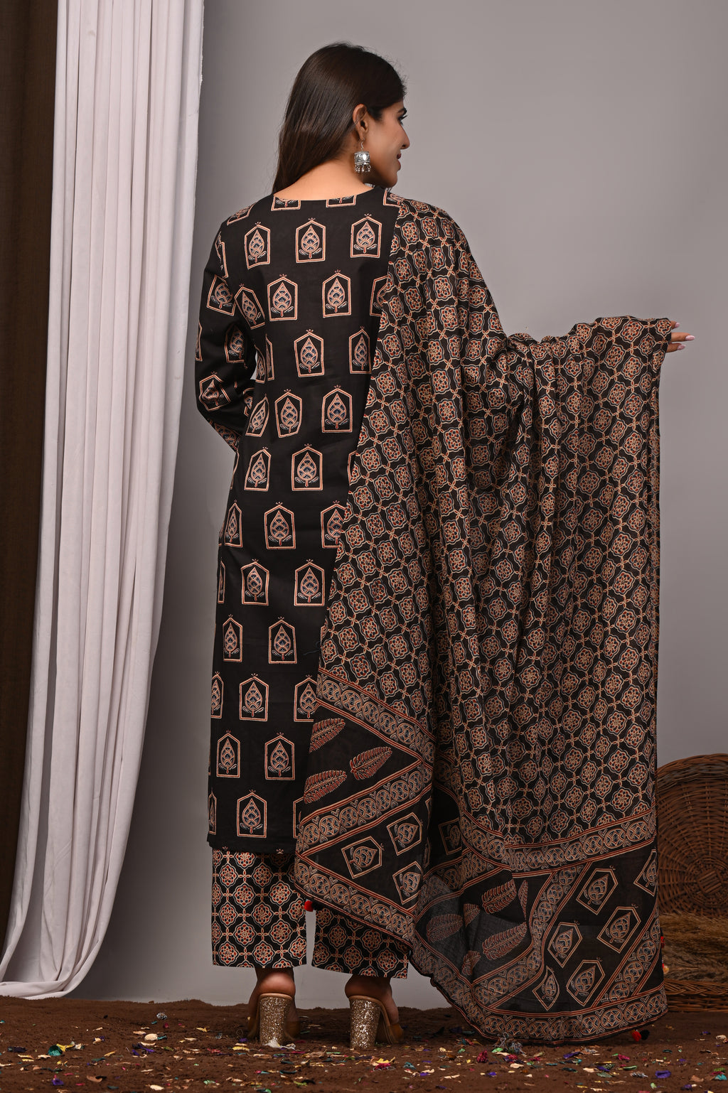 Jet Black Sanganeri Cotton Jharokha Kurta Palazzo Set