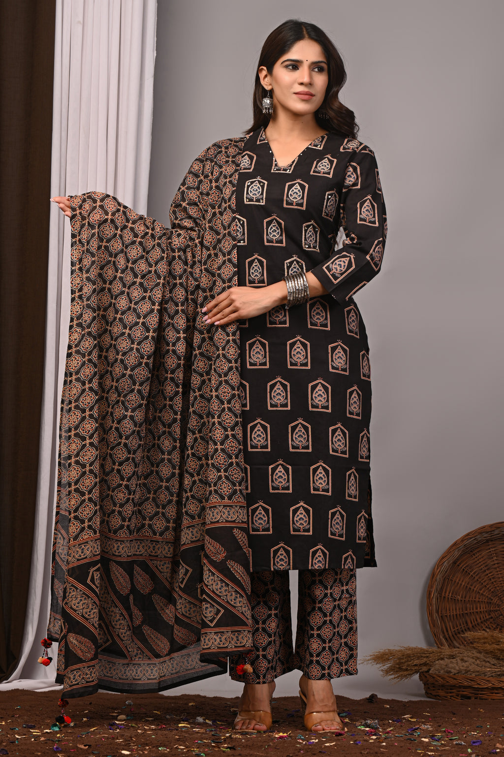 Jet Black Sanganeri Cotton Jharokha Kurta Palazzo Set
