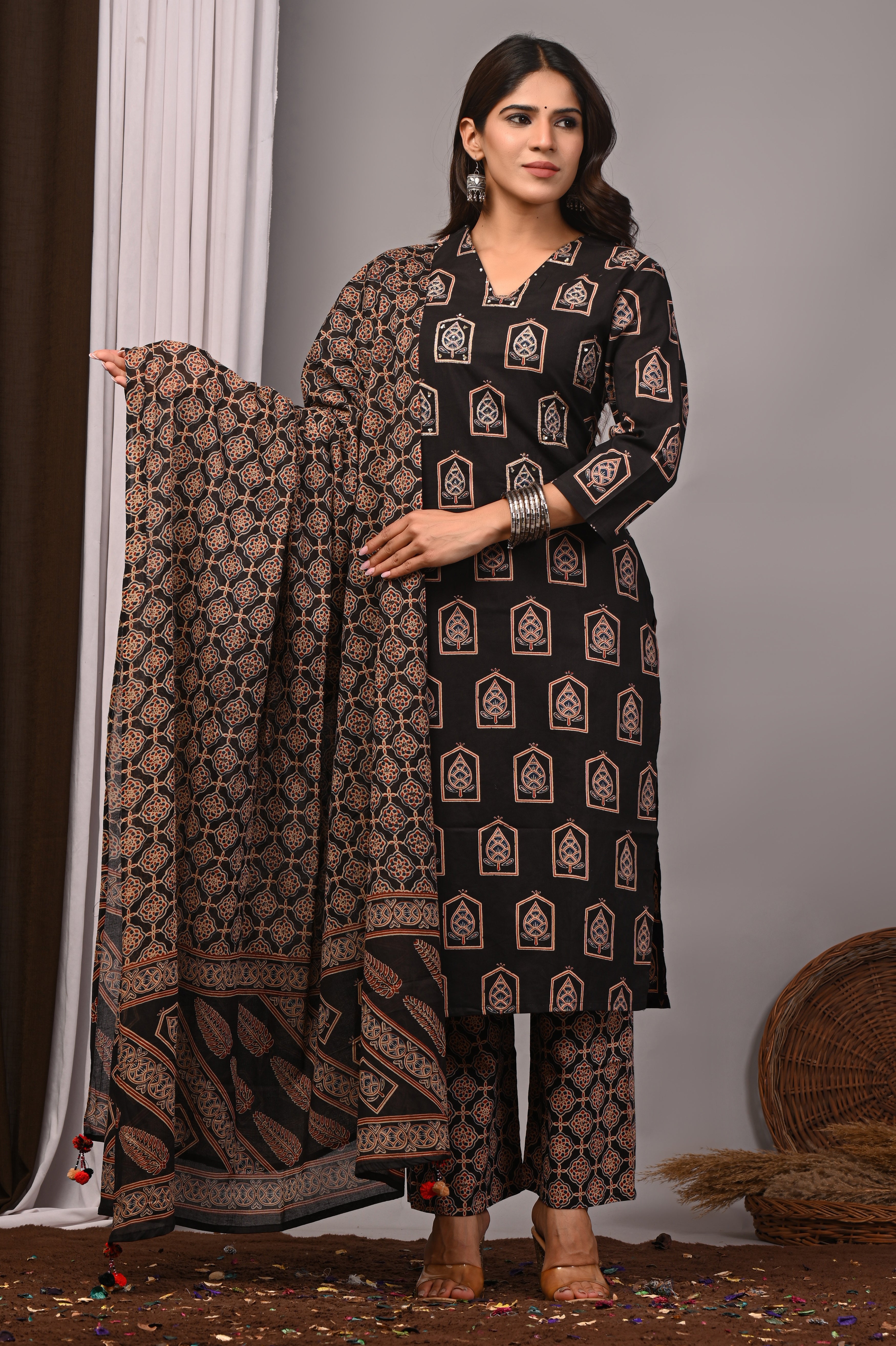 Jet Black Sanganeri Cotton Jharokha Kurta Palazzo Set