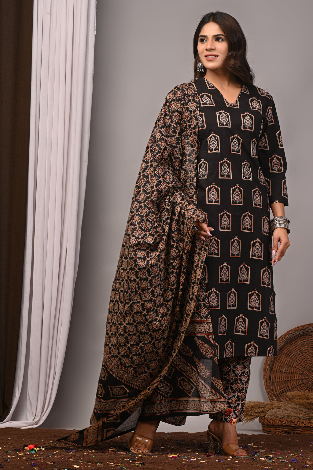 Jet Black Sanganeri Cotton Jharokha Kurta Palazzo Set