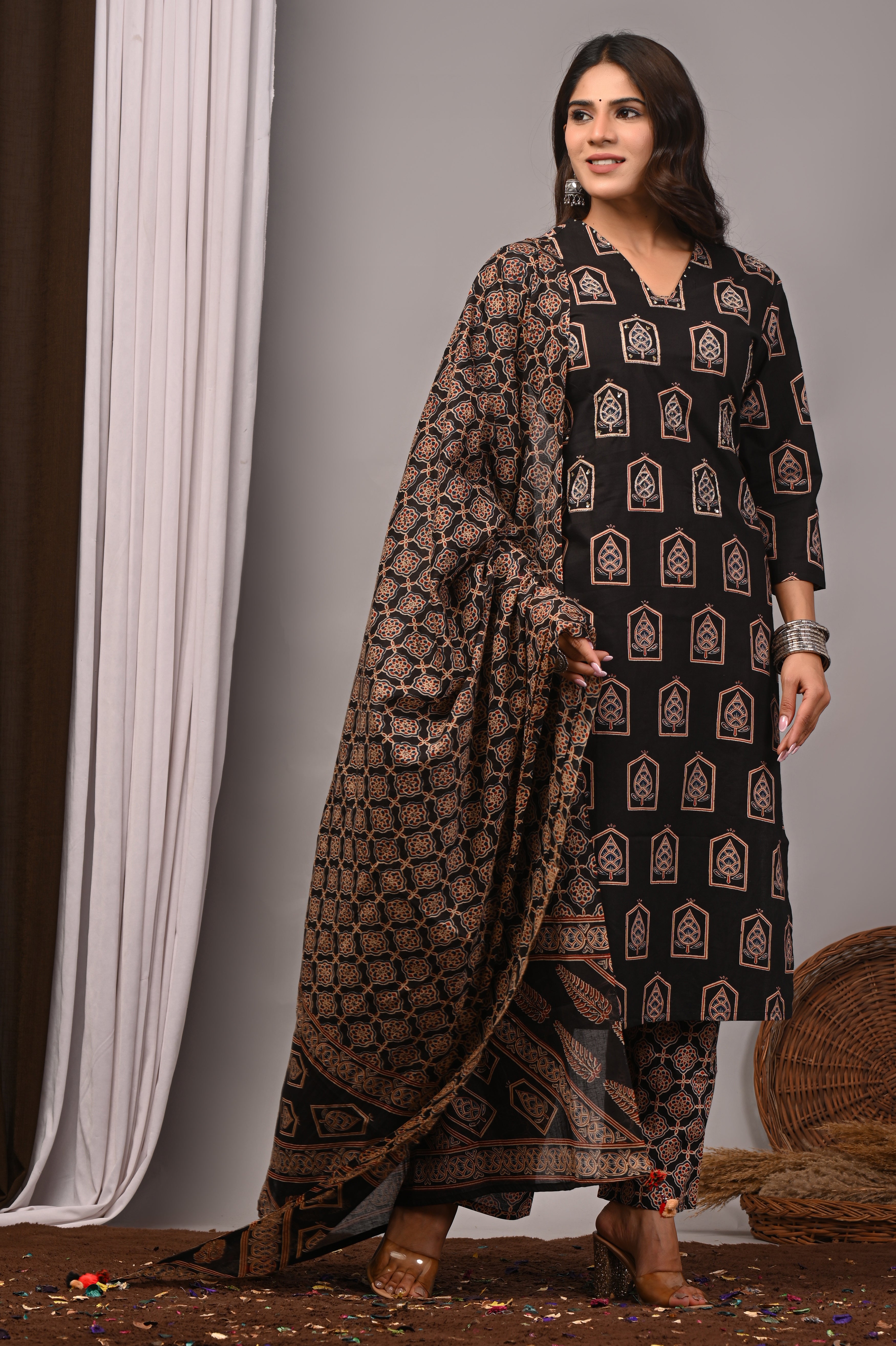 Jet Black Sanganeri Cotton Jharokha Kurta Palazzo Set